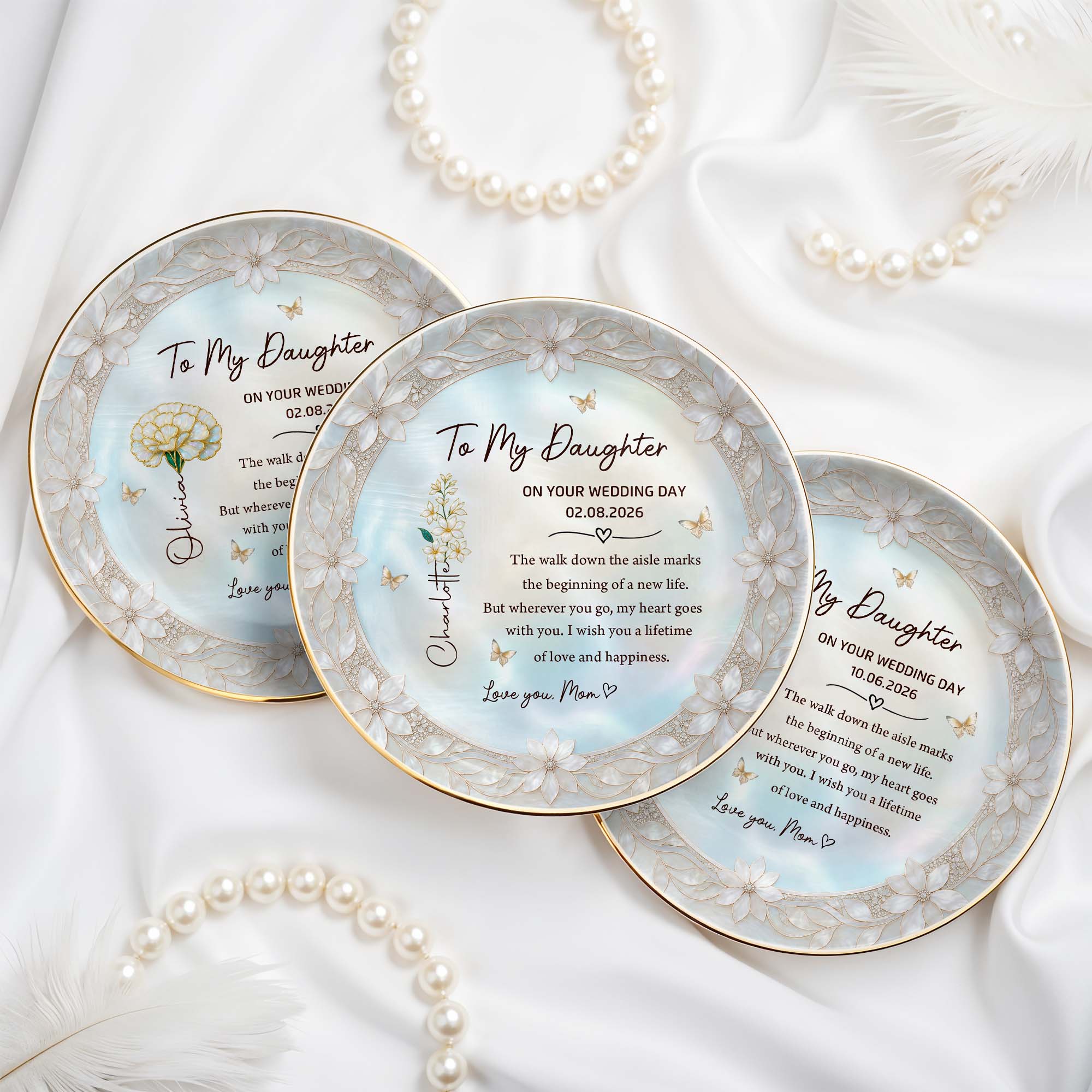 To My Daughter On The Wedding Day With Birth Month Flowers - Personalized Custom Jewelry Dish, Ceramic Dish, Round Shape - DAU424_RCRF