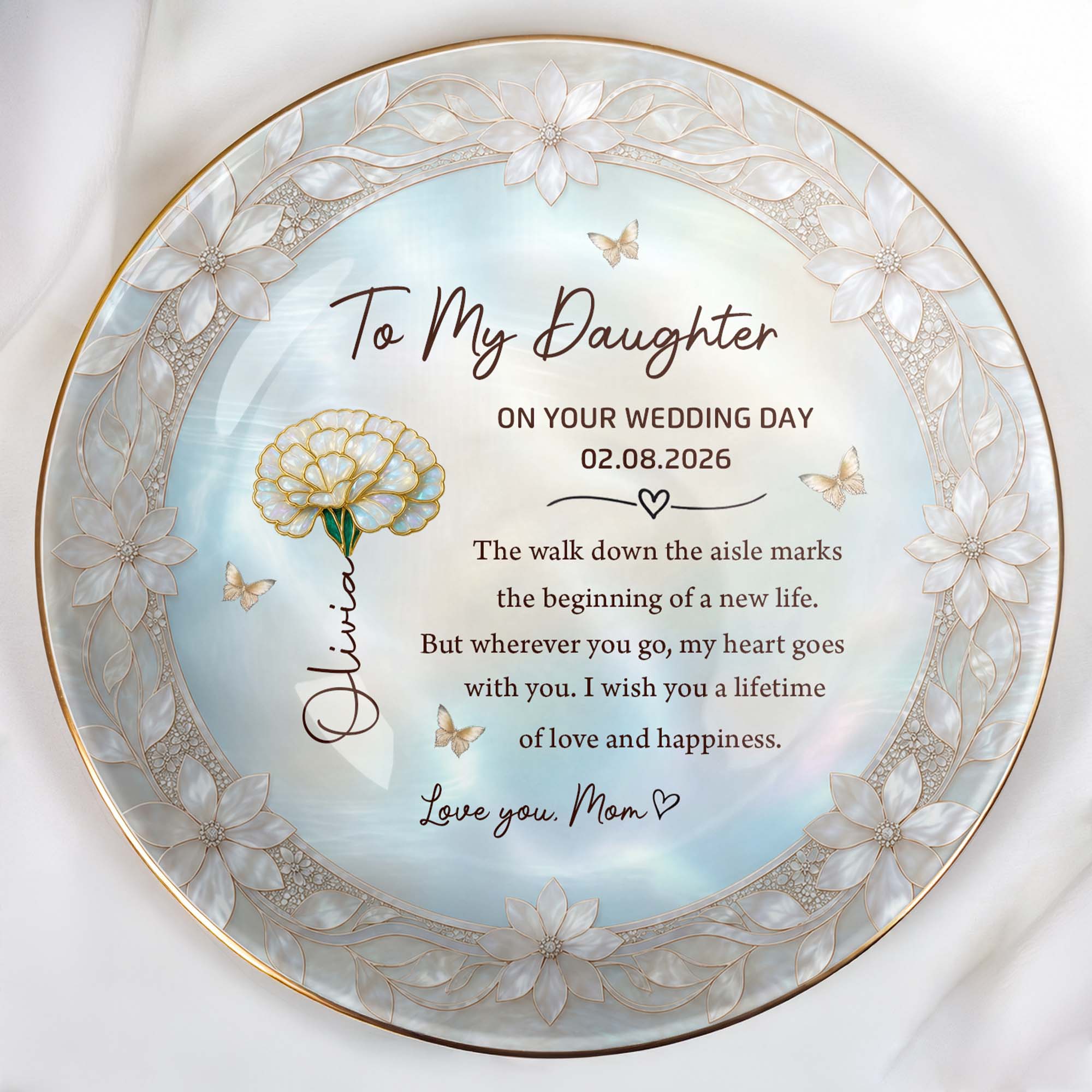To My Daughter On The Wedding Day With Birth Month Flowers - Personalized Custom Jewelry Dish, Ceramic Dish, Round Shape - DAU424_RCRF