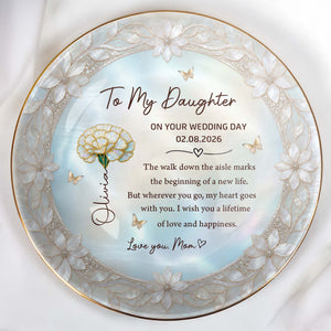To My Daughter On The Wedding Day With Birth Month Flowers - Personalized Custom Jewelry Dish, Ceramic Dish, Round Shape - DAU424_RCRF