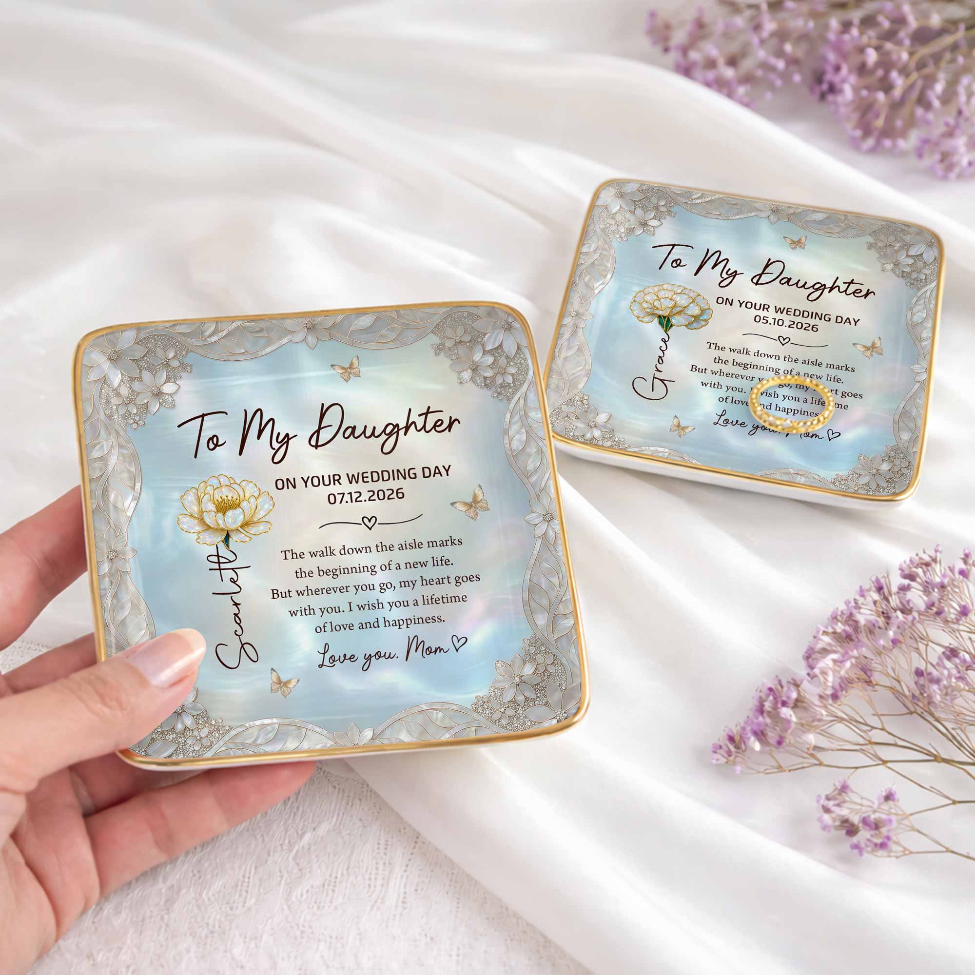 To My Daughter On Your Wedding Day Flower And Butterfly Ceramic Dish - Personalized Custom Jewelry Dish, Ceramic Dish, Square Shape - DAU424_SCRF