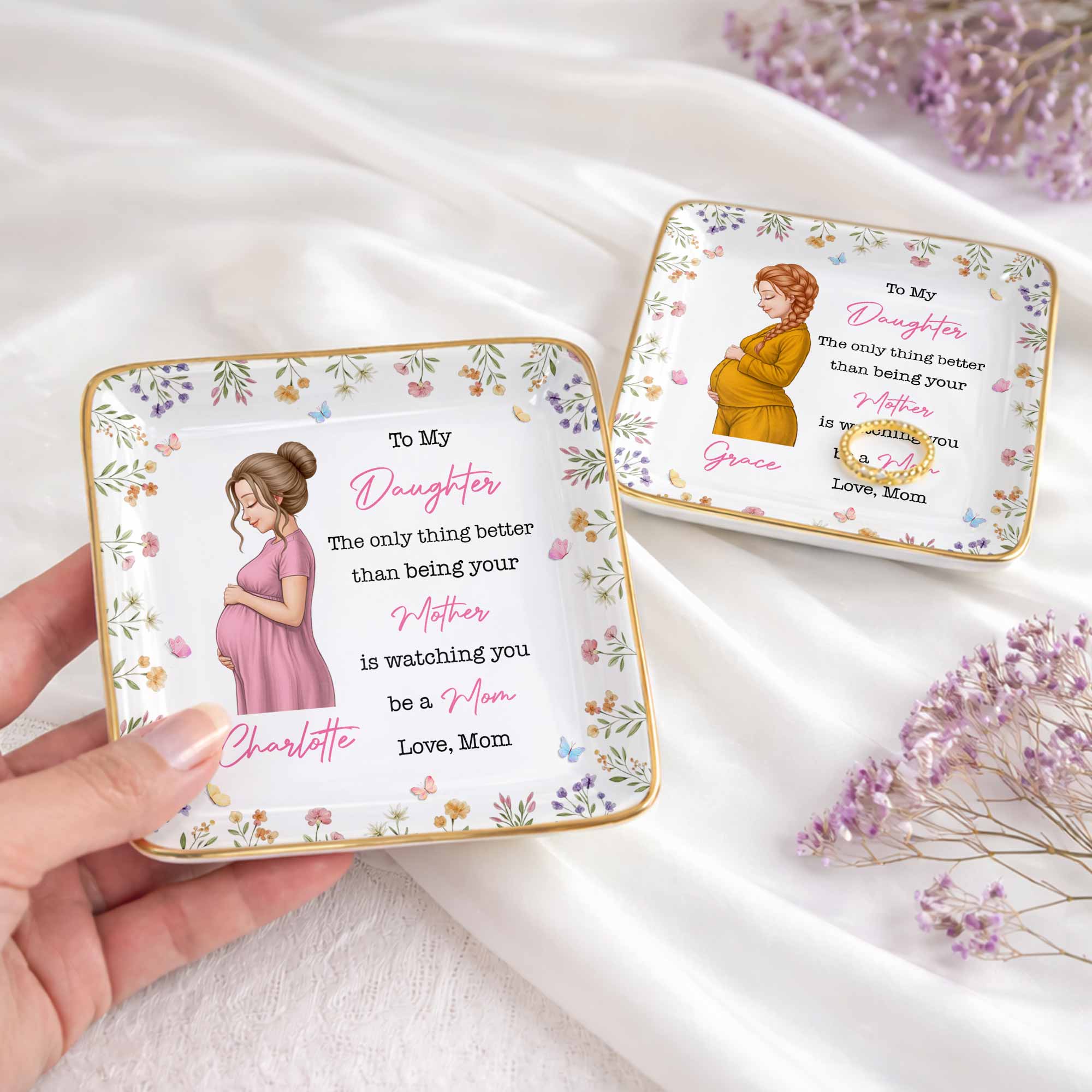 To My Daughter The Only Thing Better Watching You Be A Mom Flower - Personalized Custom Jewelry Dish, Ceramic Dish, Square Shape - DAU433_SCRF