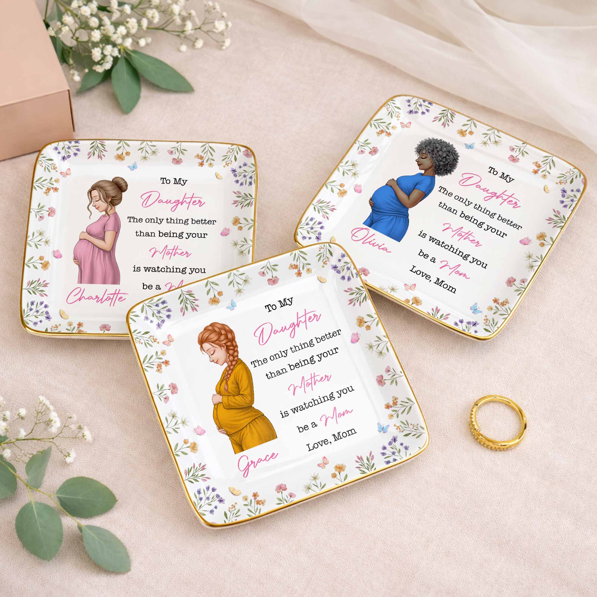 To My Daughter The Only Thing Better Watching You Be A Mom Flower - Personalized Custom Jewelry Dish, Ceramic Dish, Square Shape - DAU433_SCRF