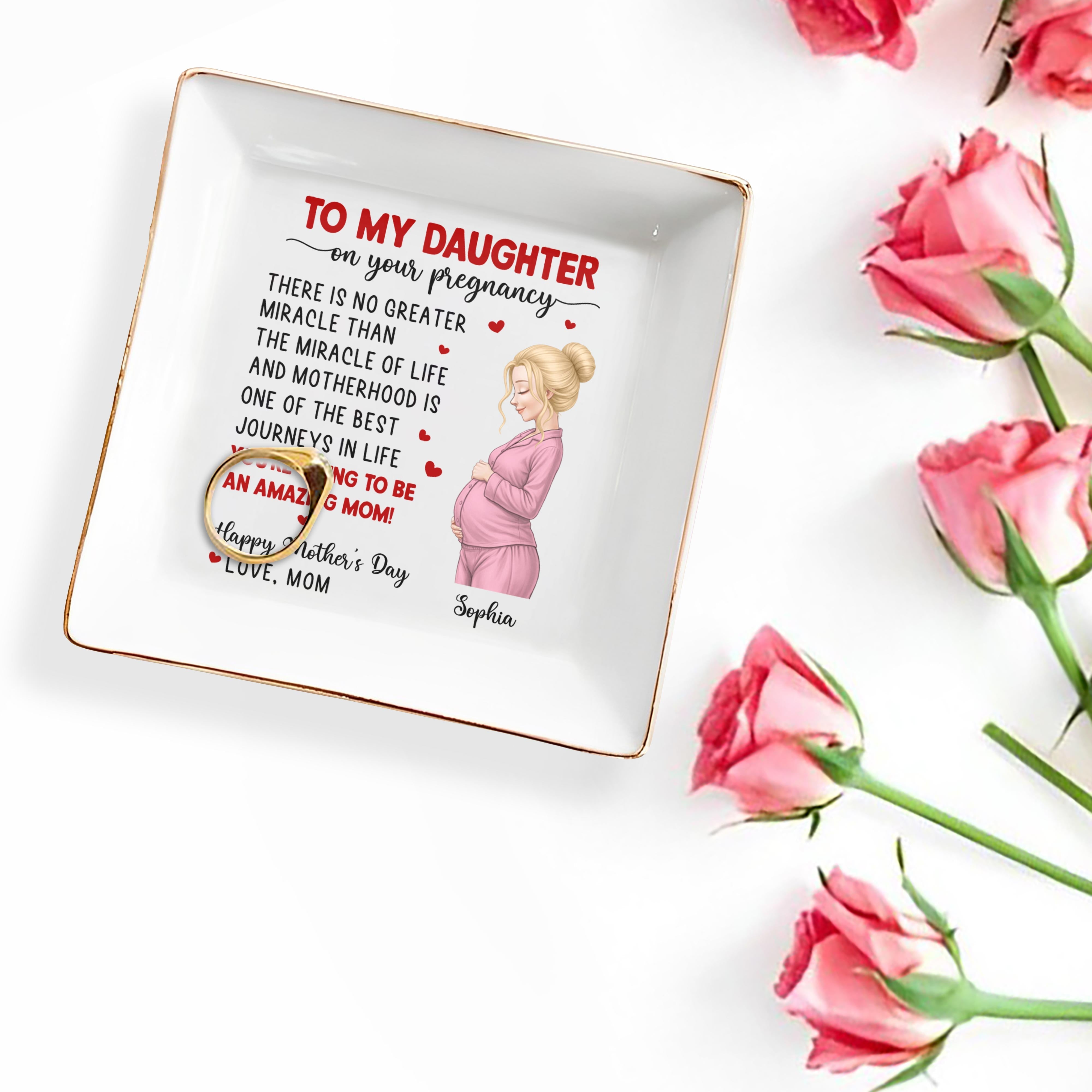 To My Daughter On Your Pregnancy Miracle Of Life Motherhood Hearts - Personalized Custom Jewelry Dish, Square Ceramic Dish - DAU434_SCRD