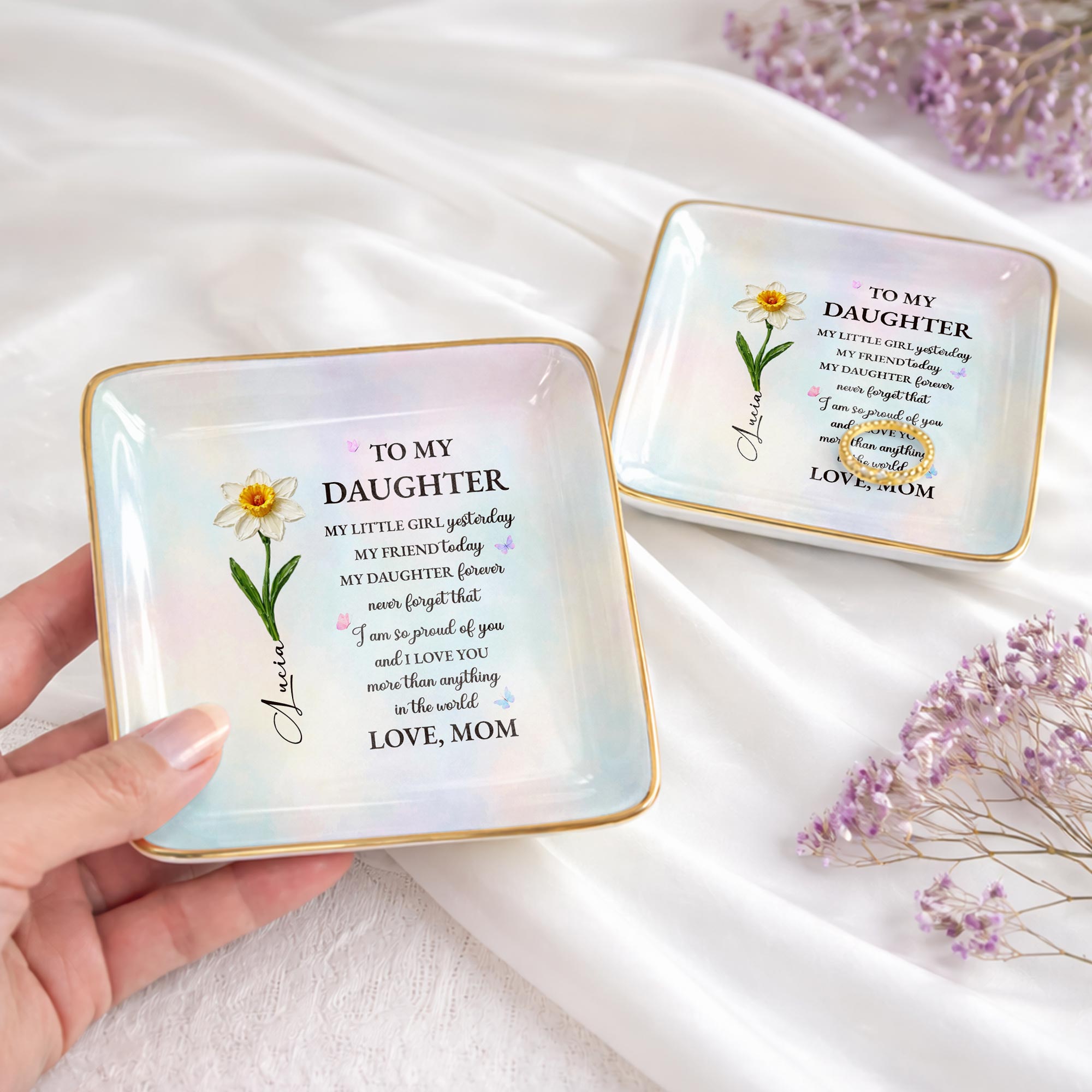 To My Daughter My Little Girl Yesterday Flower Butterflies - Personalized Custom Jewelry Dish, Ceramic Dish, Square Shape - DAU435_SCRF
