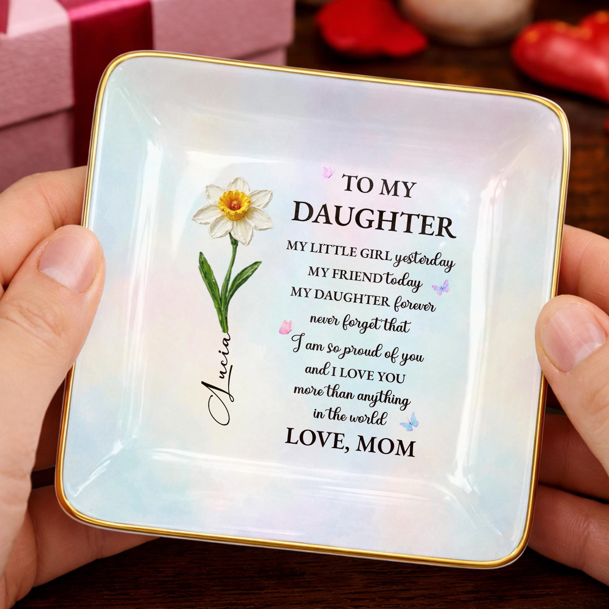 To My Daughter My Little Girl Yesterday Flower Butterflies - Personalized Custom Jewelry Dish, Ceramic Dish, Square Shape - DAU435_SCRF