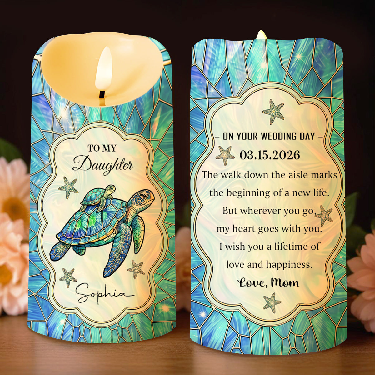 To My Daughter On Your Wedding Day Sea Turtle Family Mosaic - Personalized Custom LED Candle - DAU451_LECA