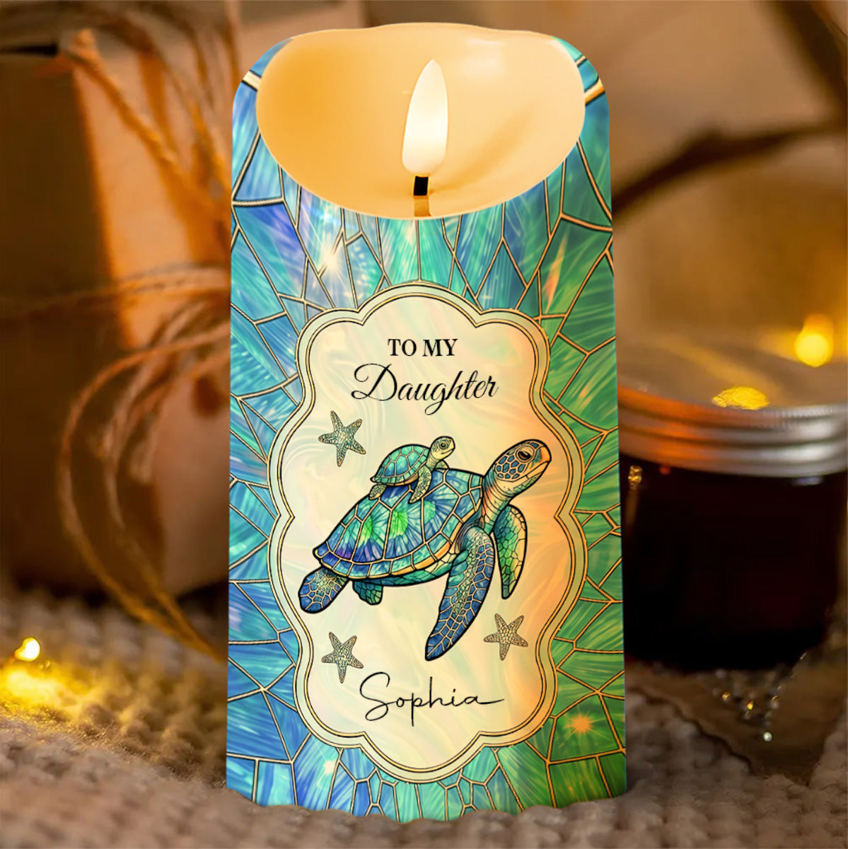 To My Daughter On Your Wedding Day Sea Turtle Family Mosaic - Personalized Custom LED Candle - DAU451_LECA