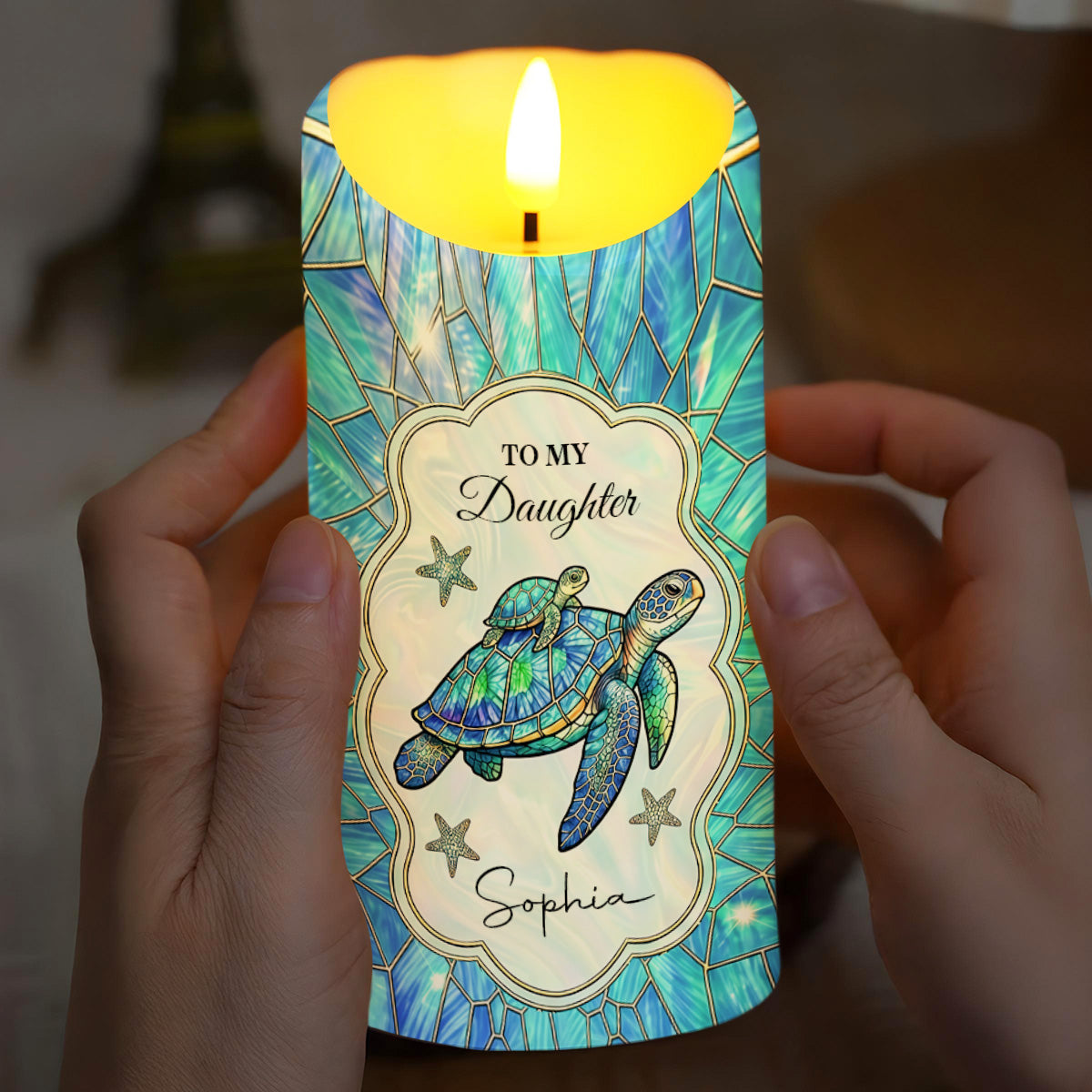 To My Daughter On Your Wedding Day Sea Turtle Family Mosaic - Personalized Custom LED Candle - DAU451_LECA