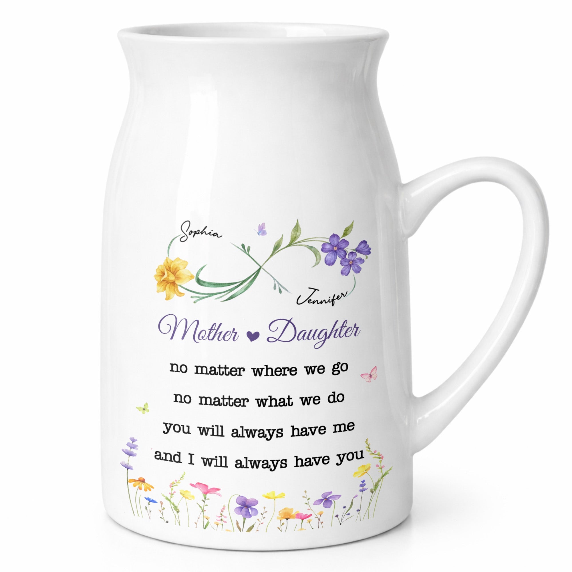 Mother And Daughter No Matter Where We Go With Custom Birth Flowers - Personalized Ceramic Flower Vase