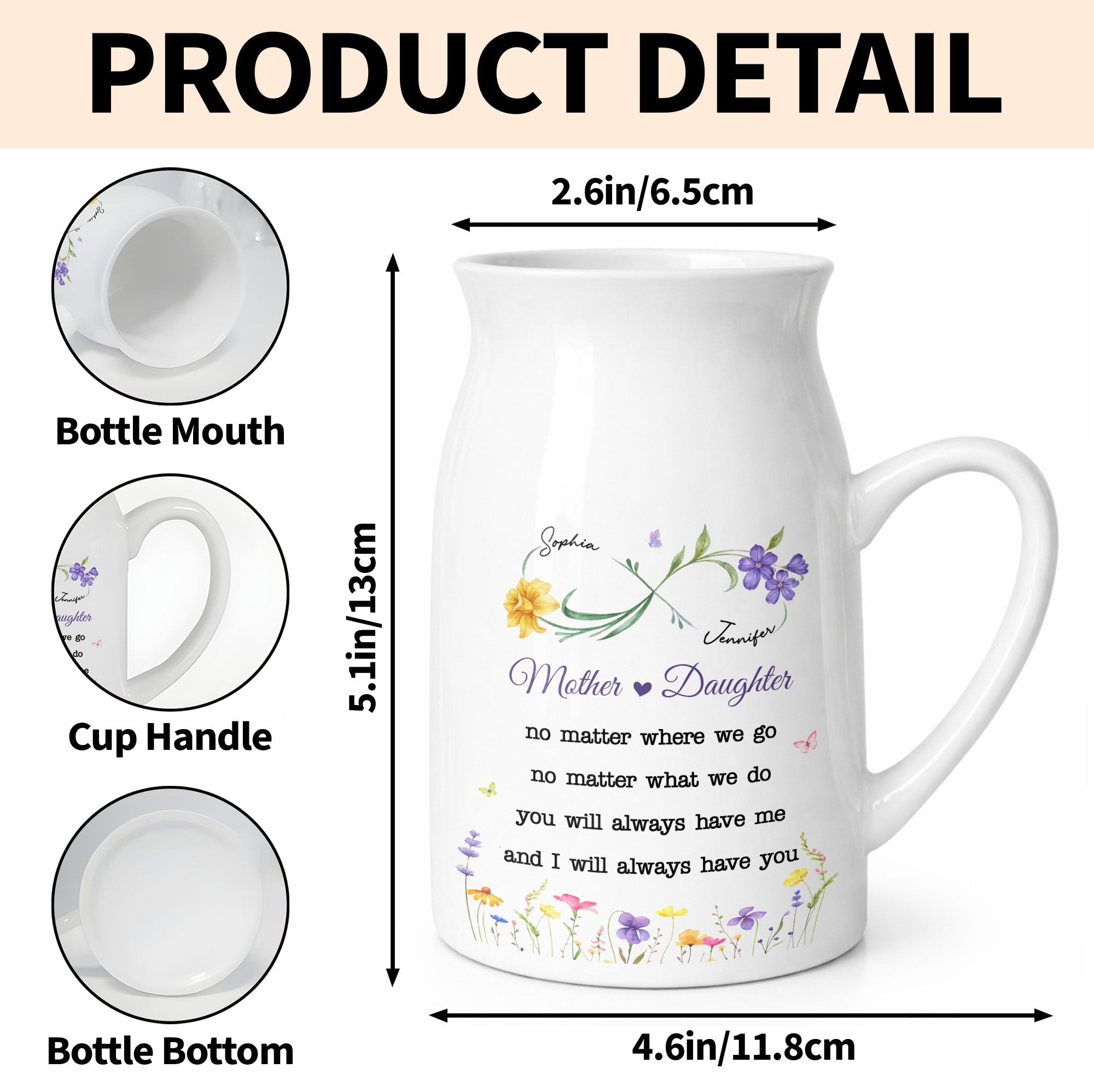 Mother And Daughter No Matter Where We Go With Custom Birth Flowers - Personalized Ceramic Flower Vase