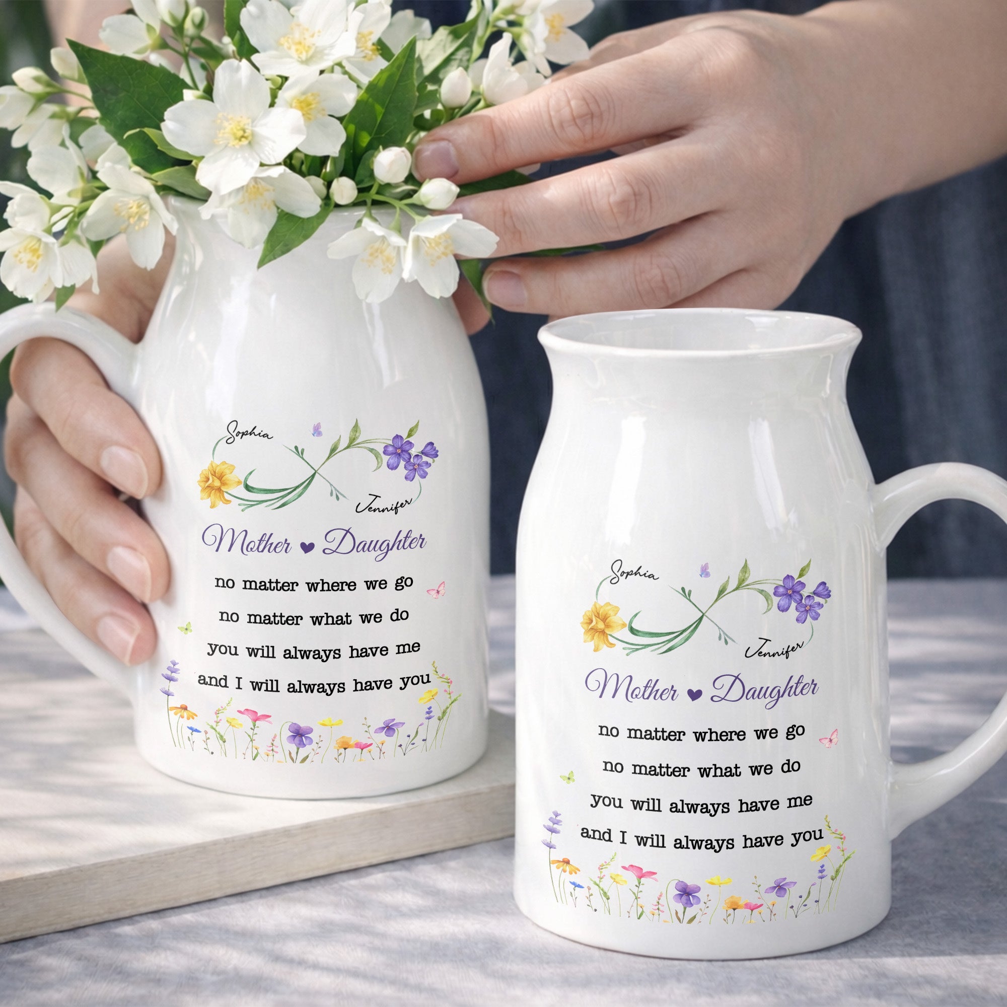Mother And Daughter No Matter Where We Go With Custom Birth Flowers - Personalized Ceramic Flower Vase