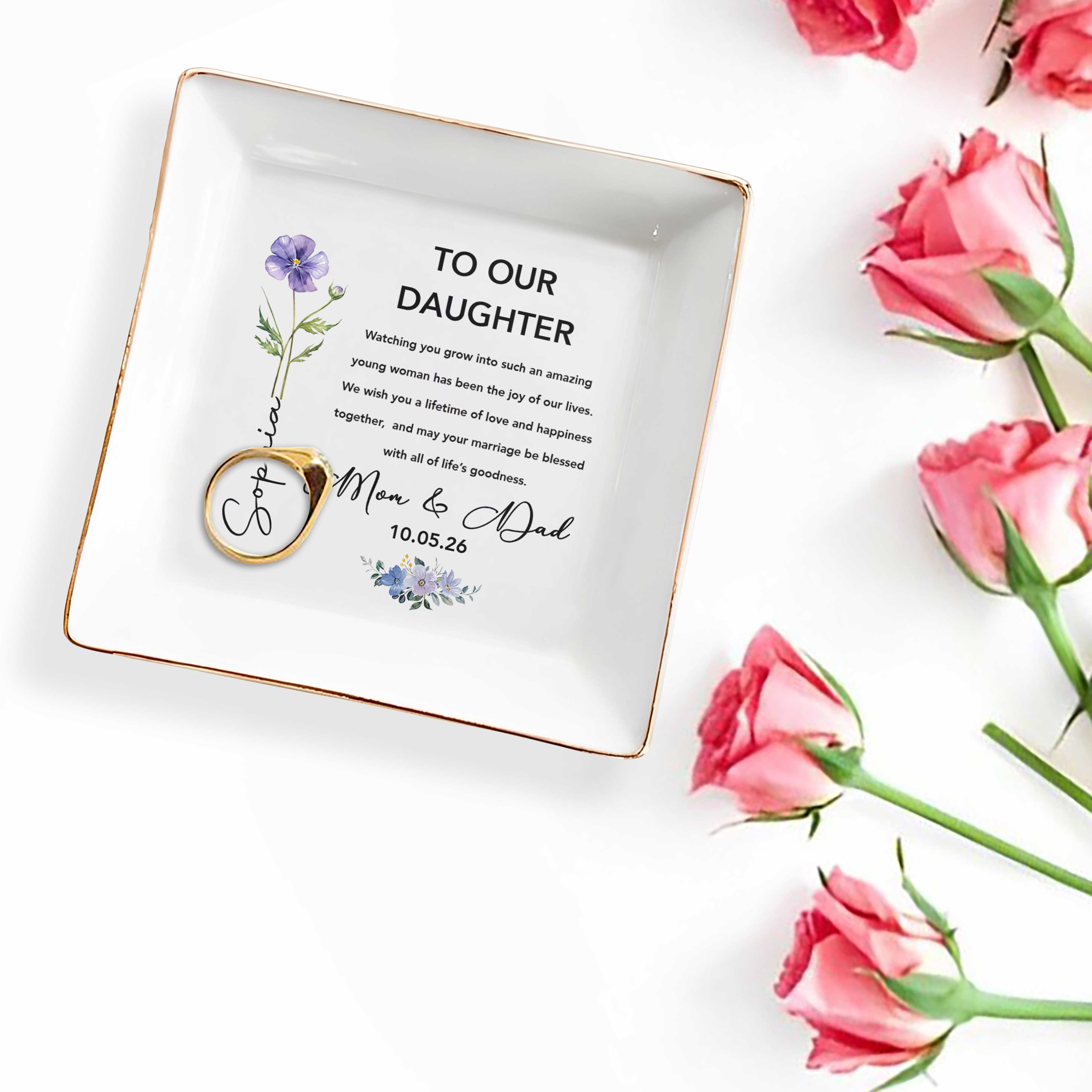To Our Daughter Watching You Grow Amazing Young Woman Flower - Personalized Custom Jewelry Dish, Square Ceramic Dish - DAU482_SCRD