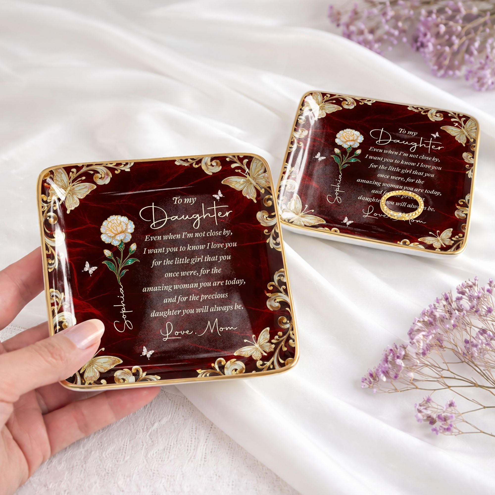 To My Daughter Even When I Am Not Close By Flower Butterfly - Personalized Custom Jewelry Dish, Ceramic Dish, Square Shape - DAU486_SCRF