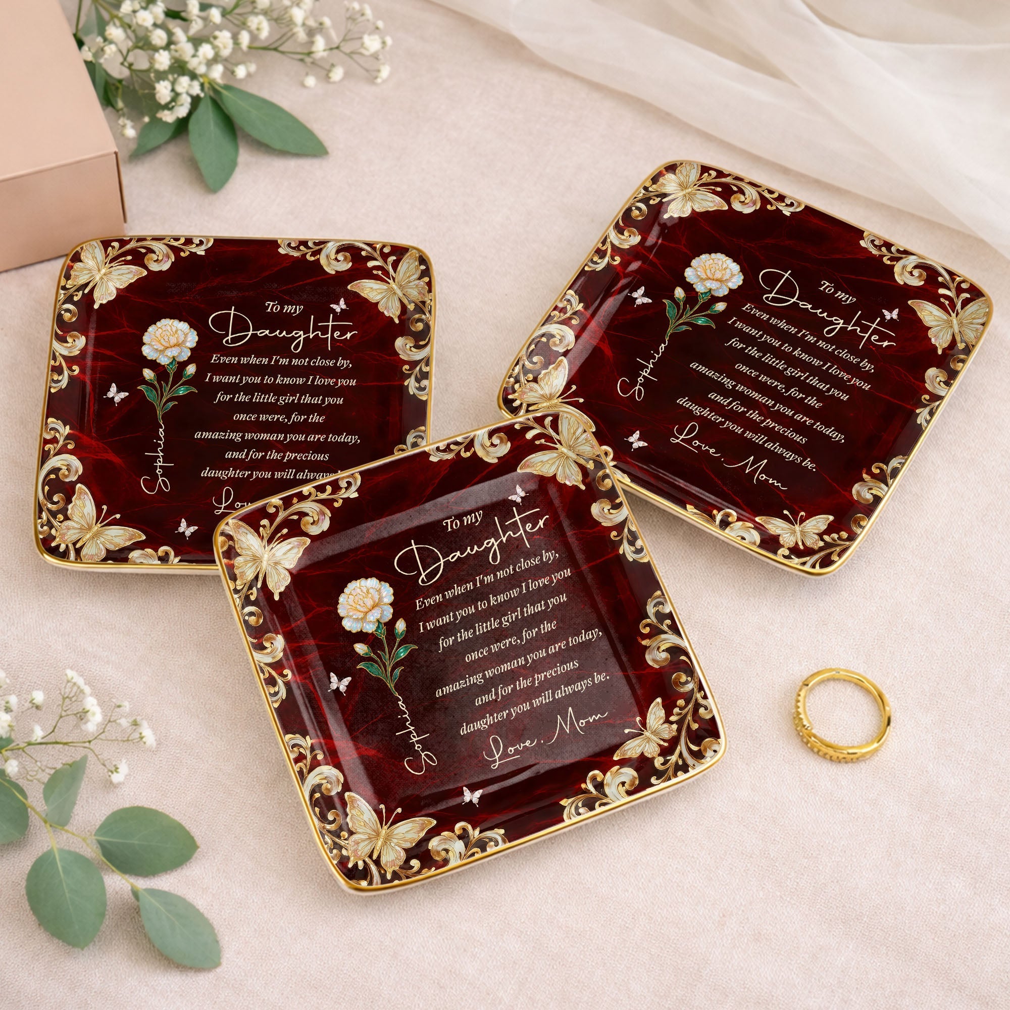 To My Daughter Even When I Am Not Close By Flower Butterfly - Personalized Custom Jewelry Dish, Ceramic Dish, Square Shape - DAU486_SCRF