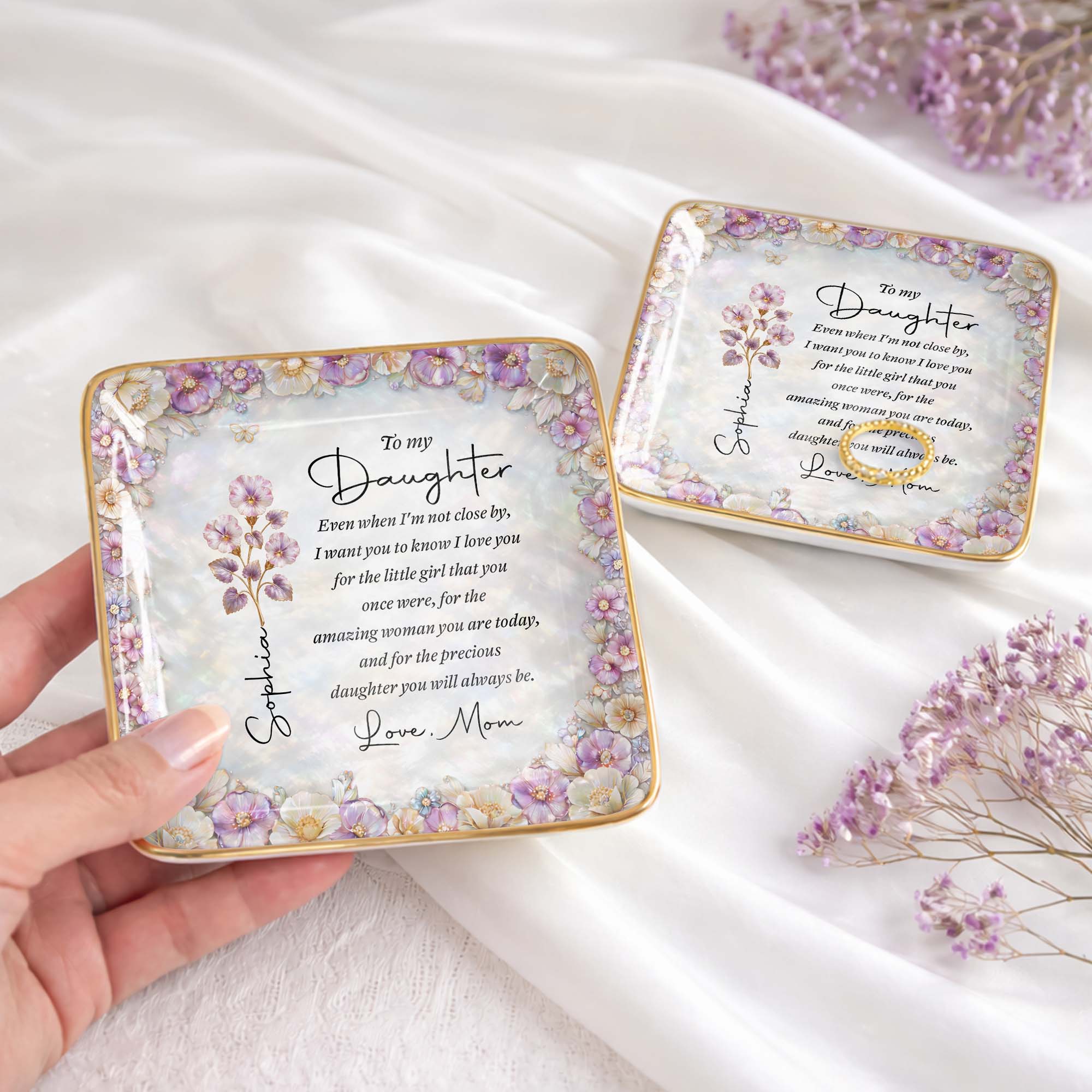 To My Daughter Even When I Am Not Close By Flowers - Personalized Custom Jewelry Dish, Ceramic Dish, Square Shape - DAU487_SCRF