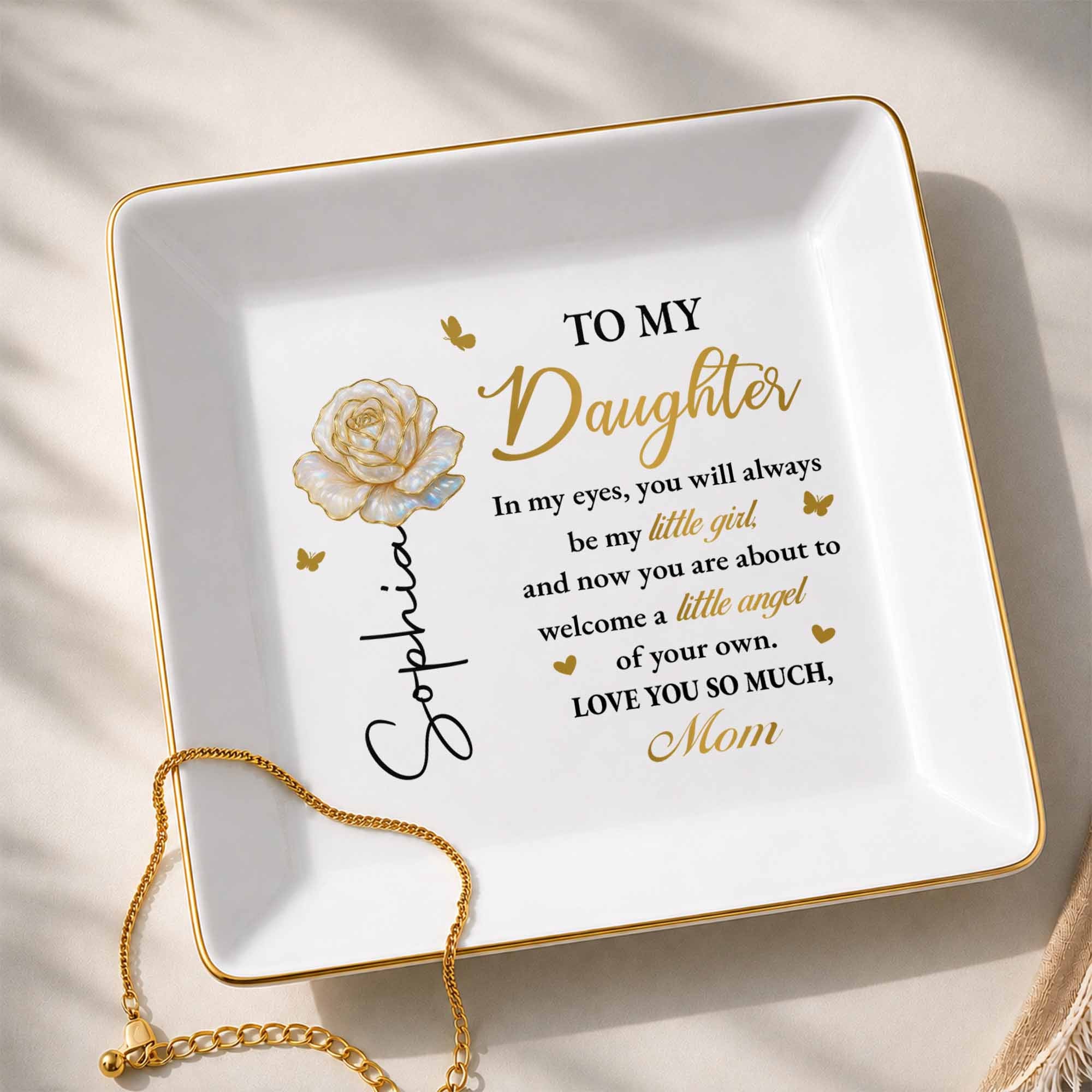 To My Daughter In My Eyes Flower And Butterflies - Personalized Custom Jewelry Dish, Square Ceramic Dish - DAU490_SCRD