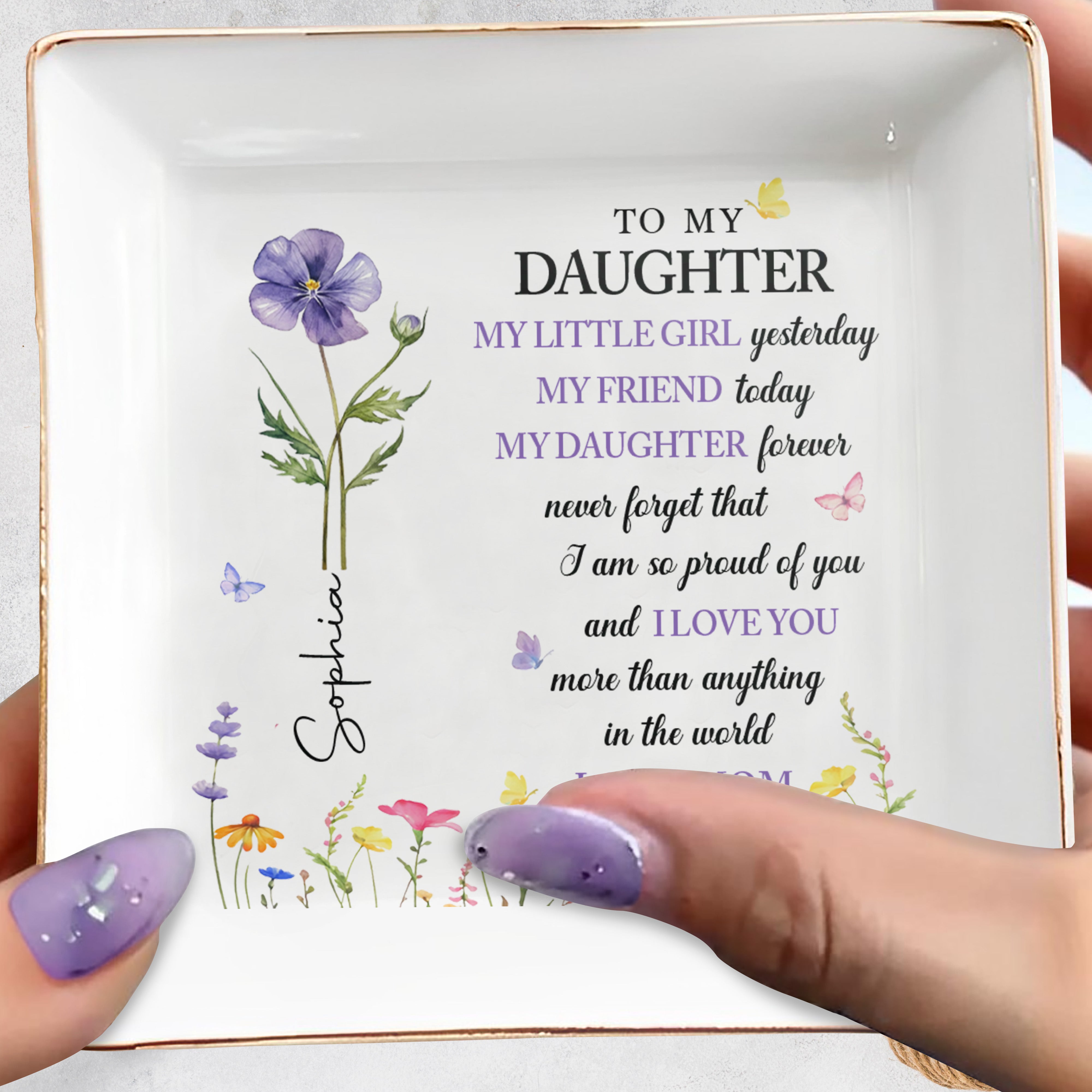 To My Daughter My Little Girl Yesterday Flower Ceramic Jewelry Dish - Personalized Custom Jewelry Dish, Square Ceramic Dish - DAU491_SCRD