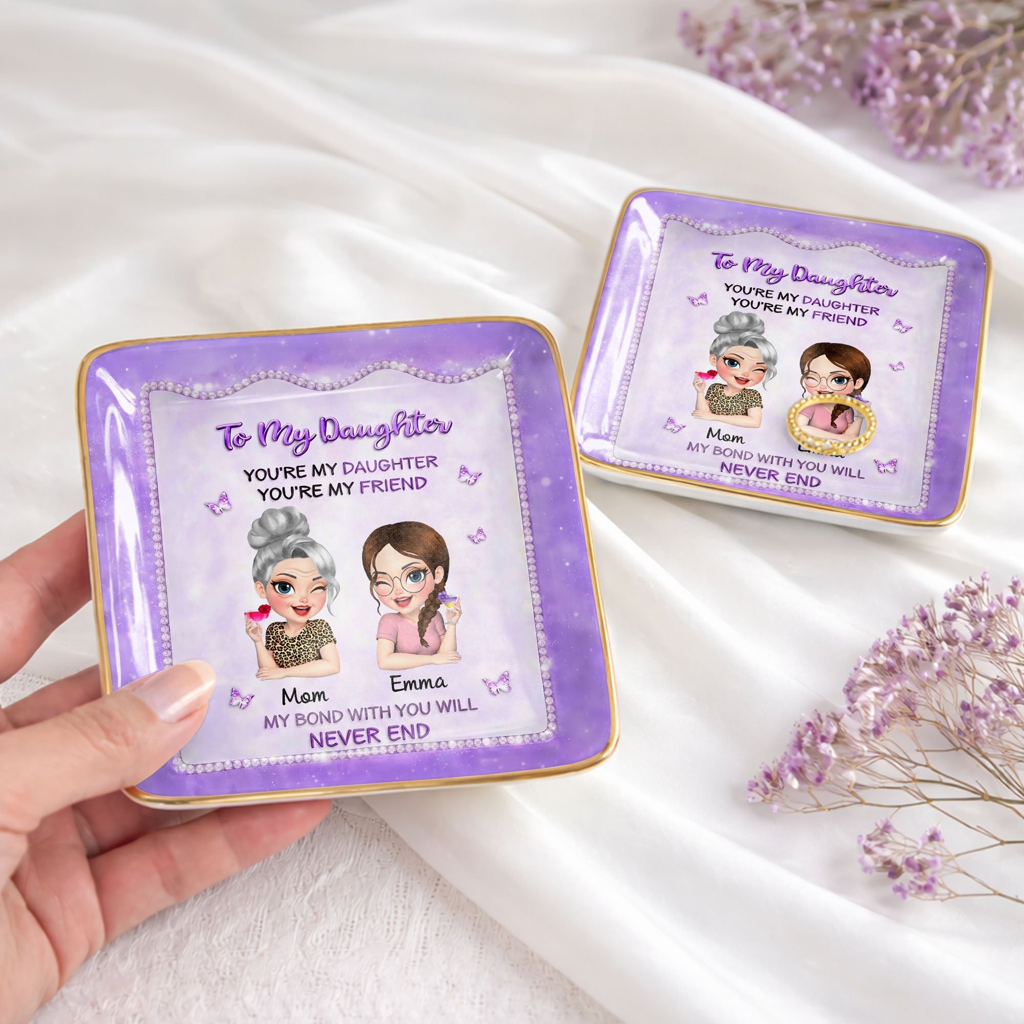 To My Daughter My Bond With You Will Never End Mother And Daughter - Personalized Custom Jewelry Dish, Ceramic Dish, Square Shape - DAU493_SCRF
