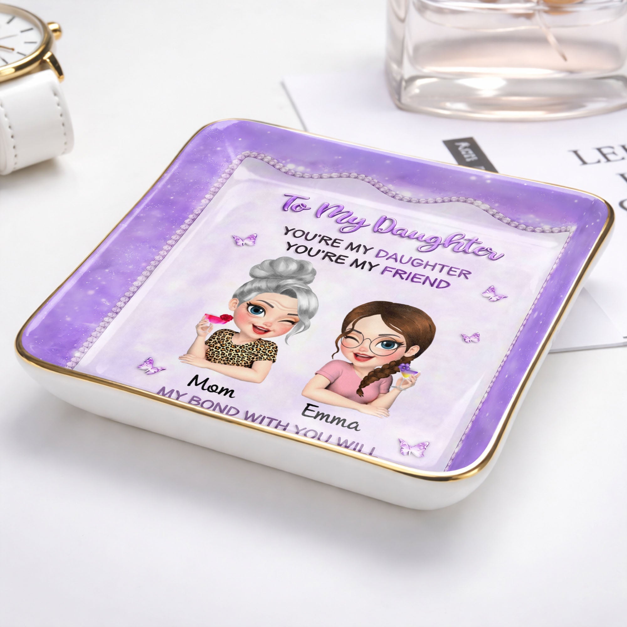 To My Daughter My Bond With You Will Never End Mother And Daughter - Personalized Custom Jewelry Dish, Ceramic Dish, Square Shape - DAU493_SCRF