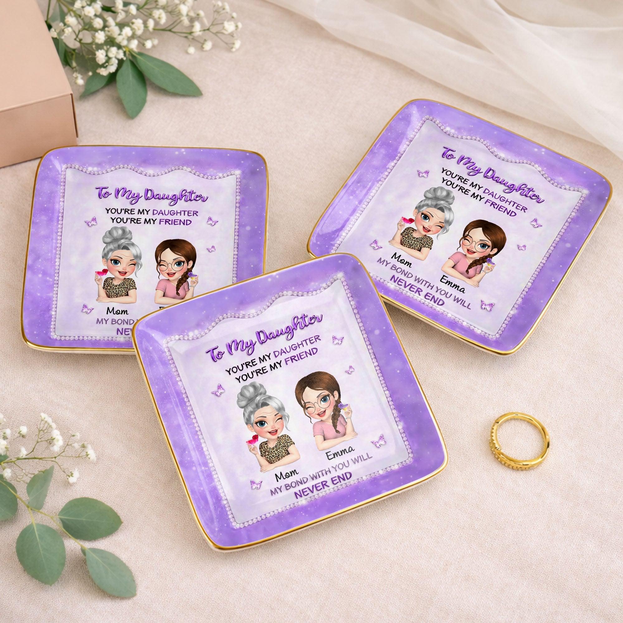 To My Daughter My Bond With You Will Never End Mother And Daughter - Personalized Custom Jewelry Dish, Ceramic Dish, Square Shape - DAU493_SCRF