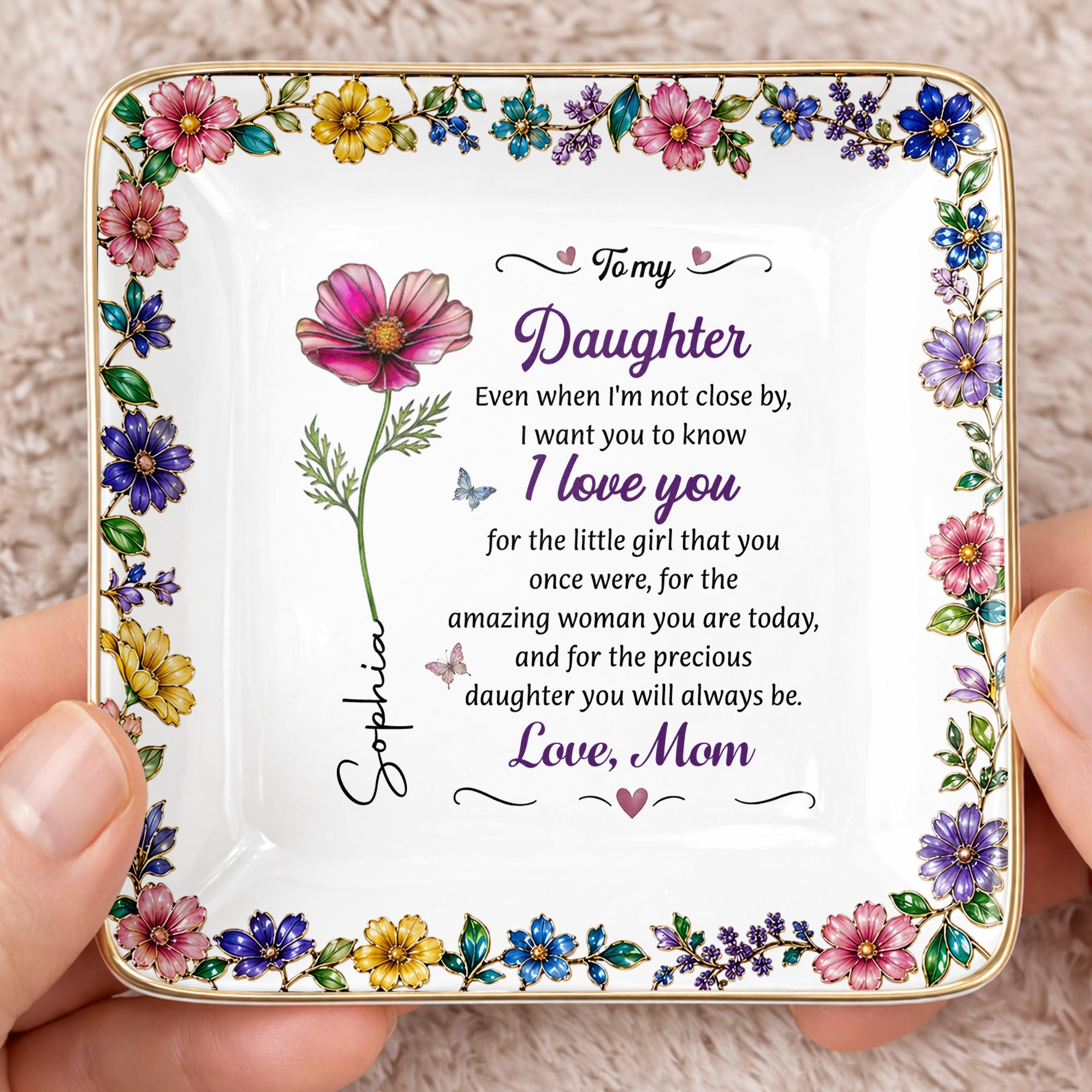 To My Daughter I Love You Birth Month Flower Ceramic Jewelry Dish - Personalized Custom Jewelry Dish, Ceramic Dish, Square Shape - DAU498_SCRF