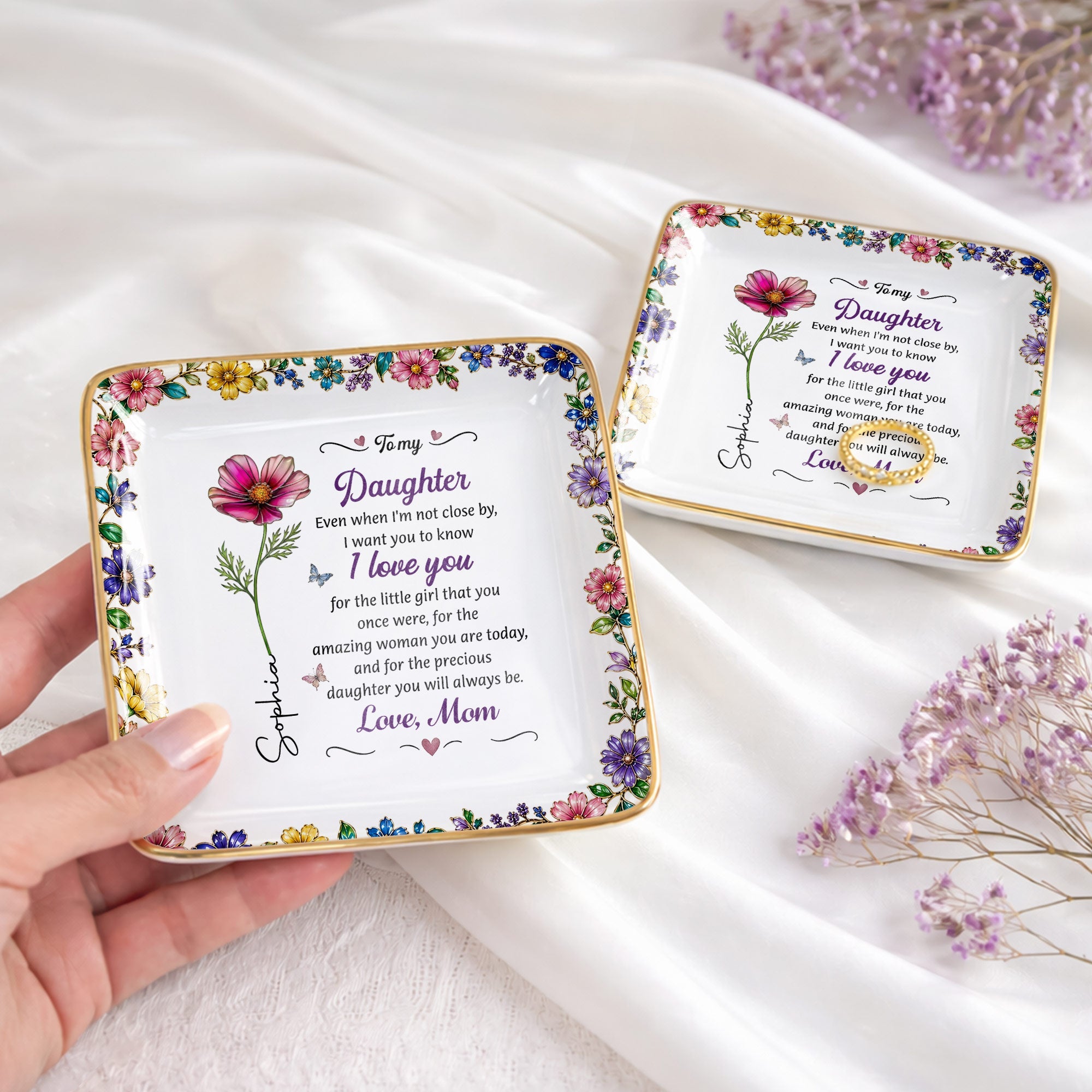 To My Daughter I Love You Birth Month Flower Ceramic Jewelry Dish - Personalized Custom Jewelry Dish, Ceramic Dish, Square Shape - DAU498_SCRF