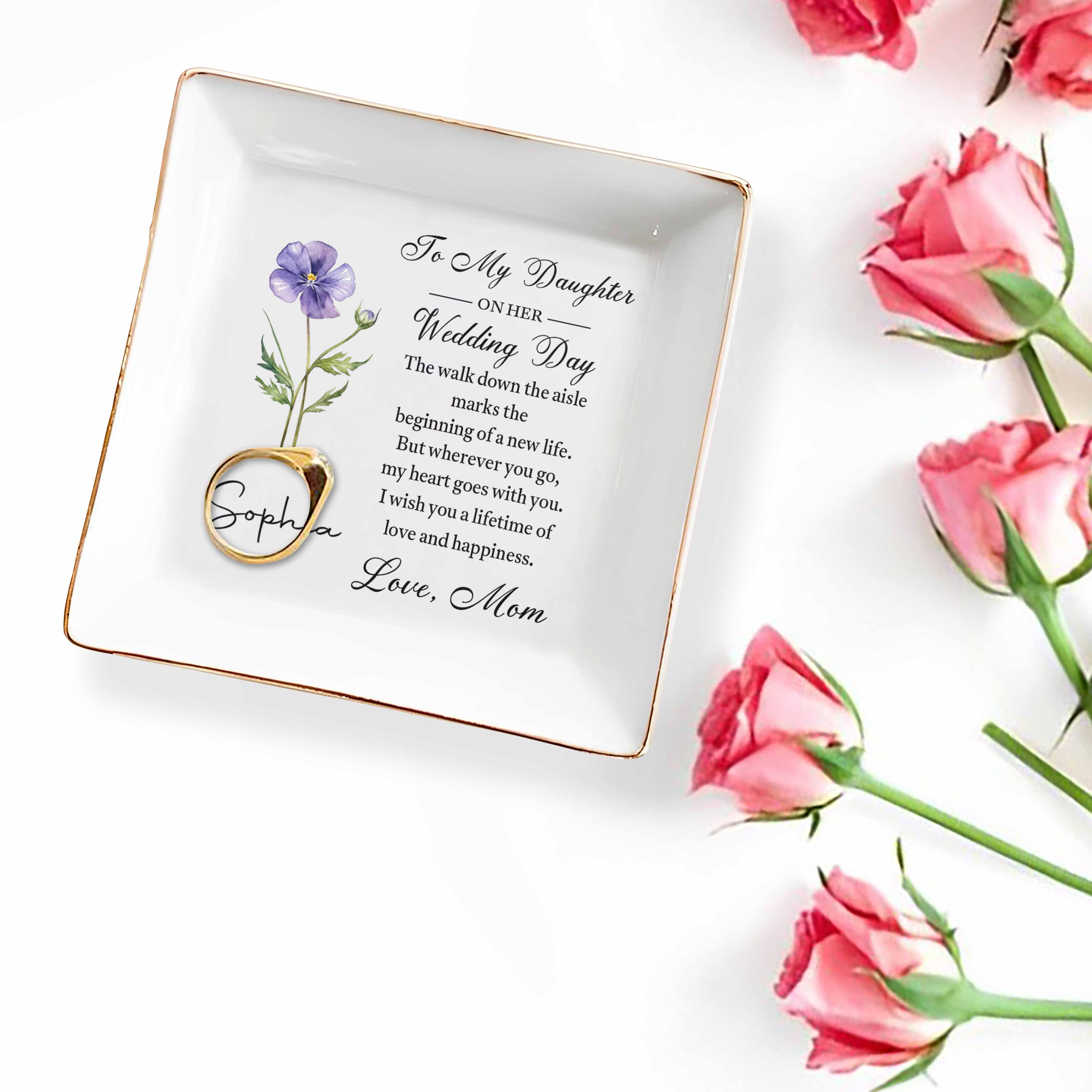 To My Daughter On Her Wedding Day With Birth Month Flower - Personalized Custom Jewelry Dish, Square Ceramic Dish - DAU501_SCRD