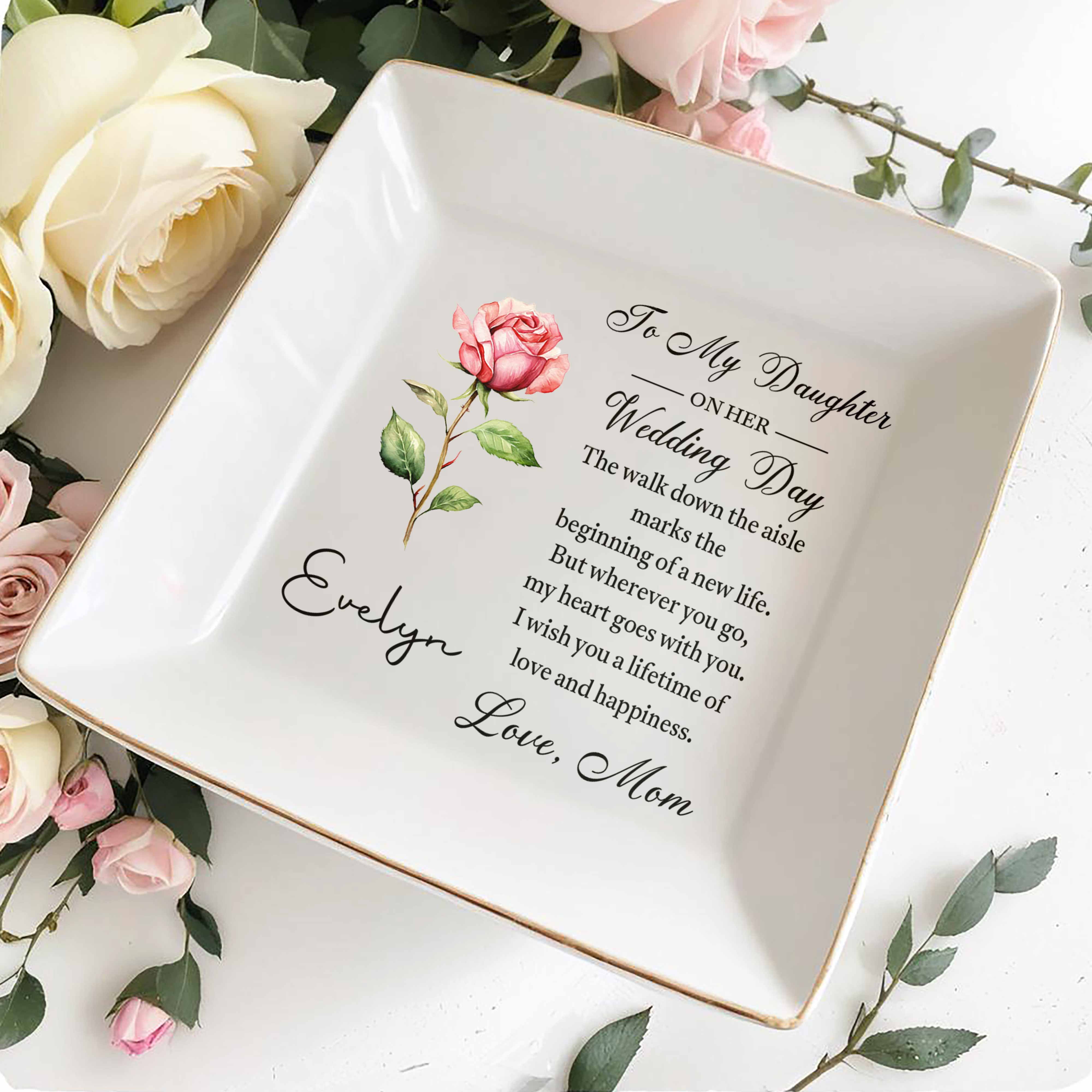 To My Daughter On Her Wedding Day With Birth Month Flower - Personalized Custom Jewelry Dish, Square Ceramic Dish - DAU501_SCRD