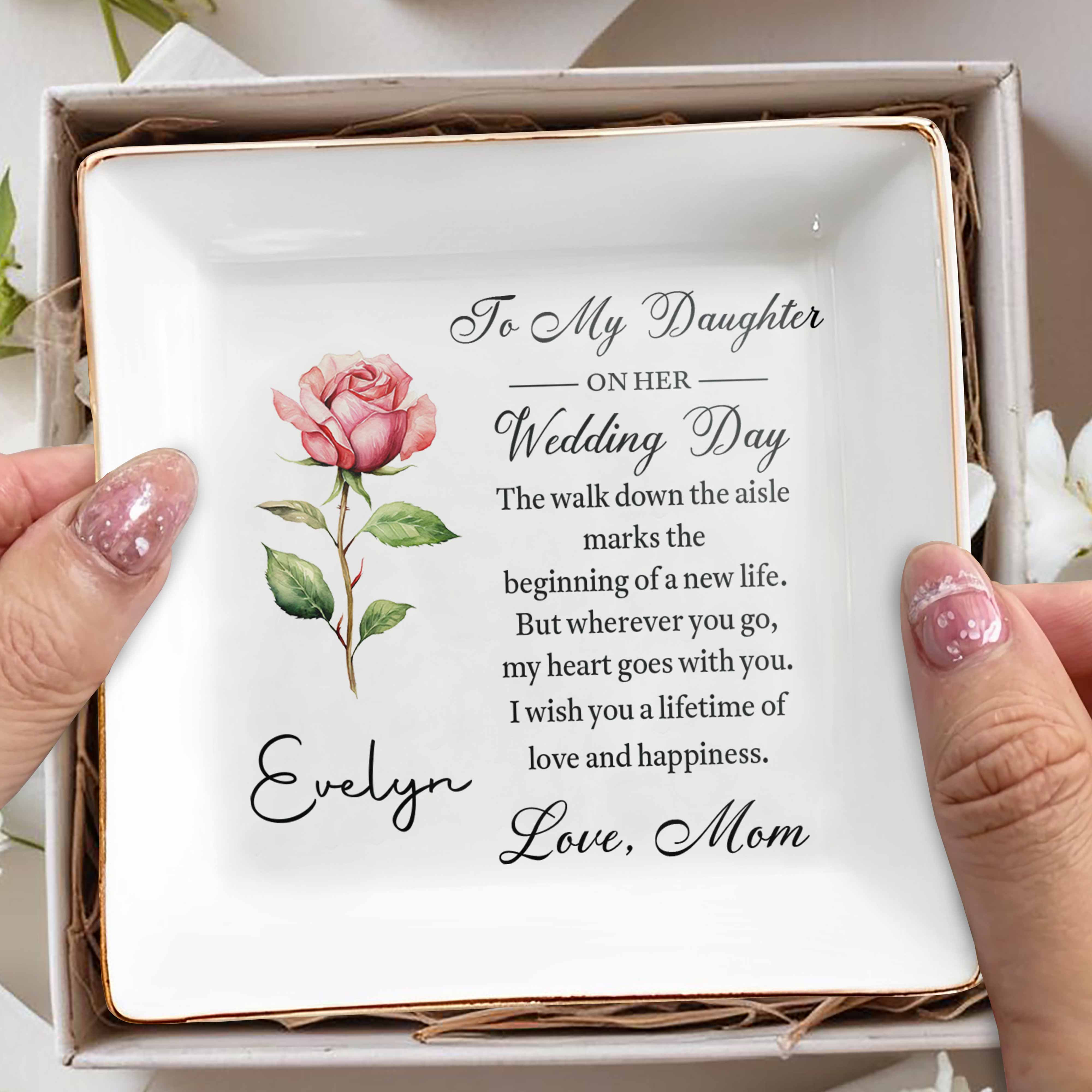 To My Daughter On Her Wedding Day With Birth Month Flower - Personalized Custom Jewelry Dish, Square Ceramic Dish - DAU501_SCRD