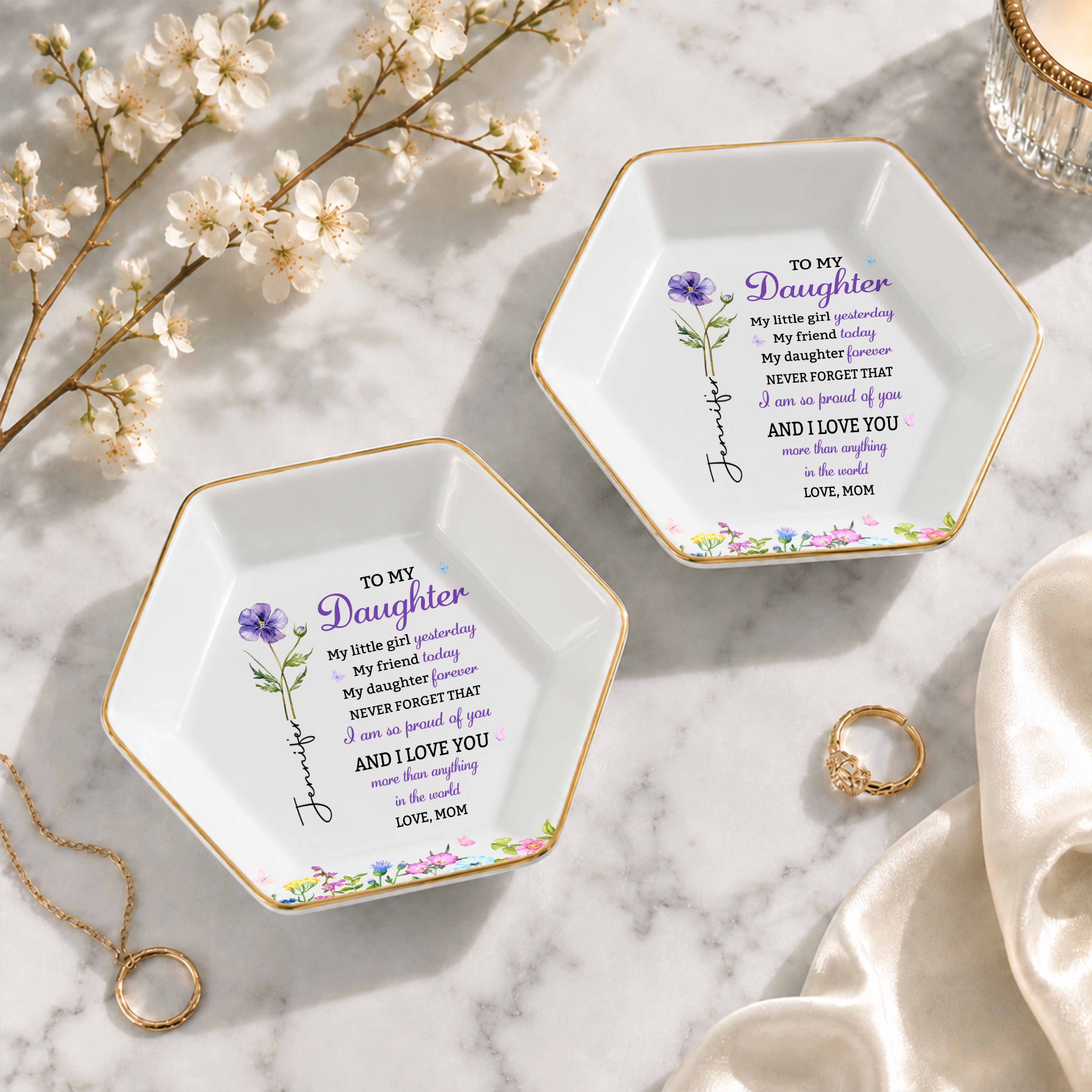 To My Daughter My Little Girl Yesterday Flower Jewelry Tray - Personalized Custom Jewelry Dish, Ceramic Dish, Hexagonal Shape - DAU505_HECRD