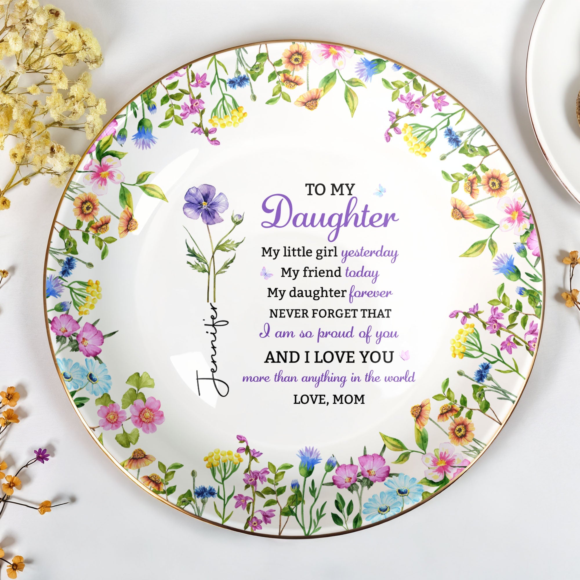 To My Daughter My Little Girl Yesterday Floral Birth Flowers - Personalized Custom Jewelry Dish, Ceramic Dish, Round Shape - DAU505_RCRF