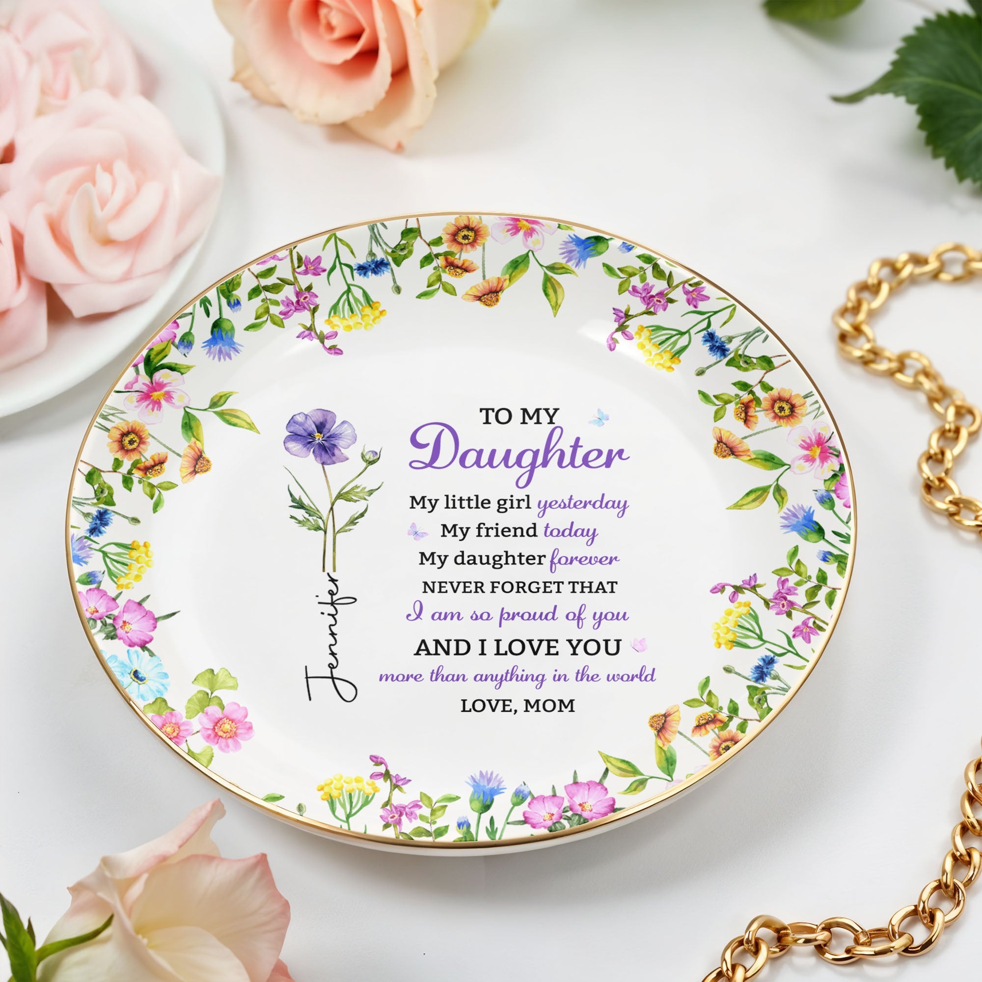 To My Daughter My Little Girl Yesterday Floral Birth Flowers - Personalized Custom Jewelry Dish, Ceramic Dish, Round Shape - DAU505_RCRF