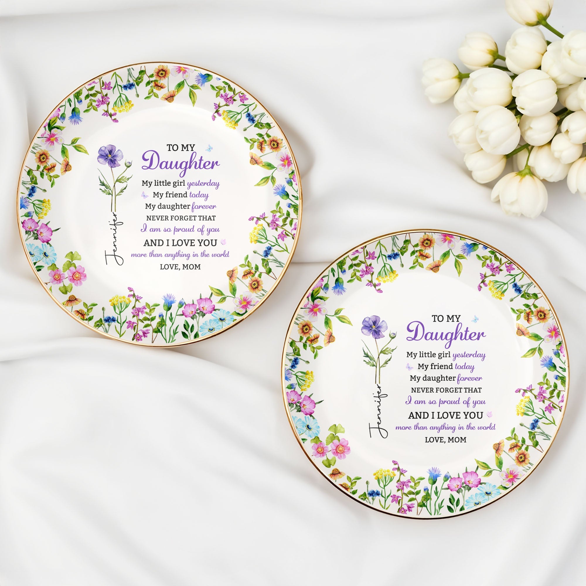 To My Daughter My Little Girl Yesterday Floral Birth Flowers - Personalized Custom Jewelry Dish, Ceramic Dish, Round Shape - DAU505_RCRF