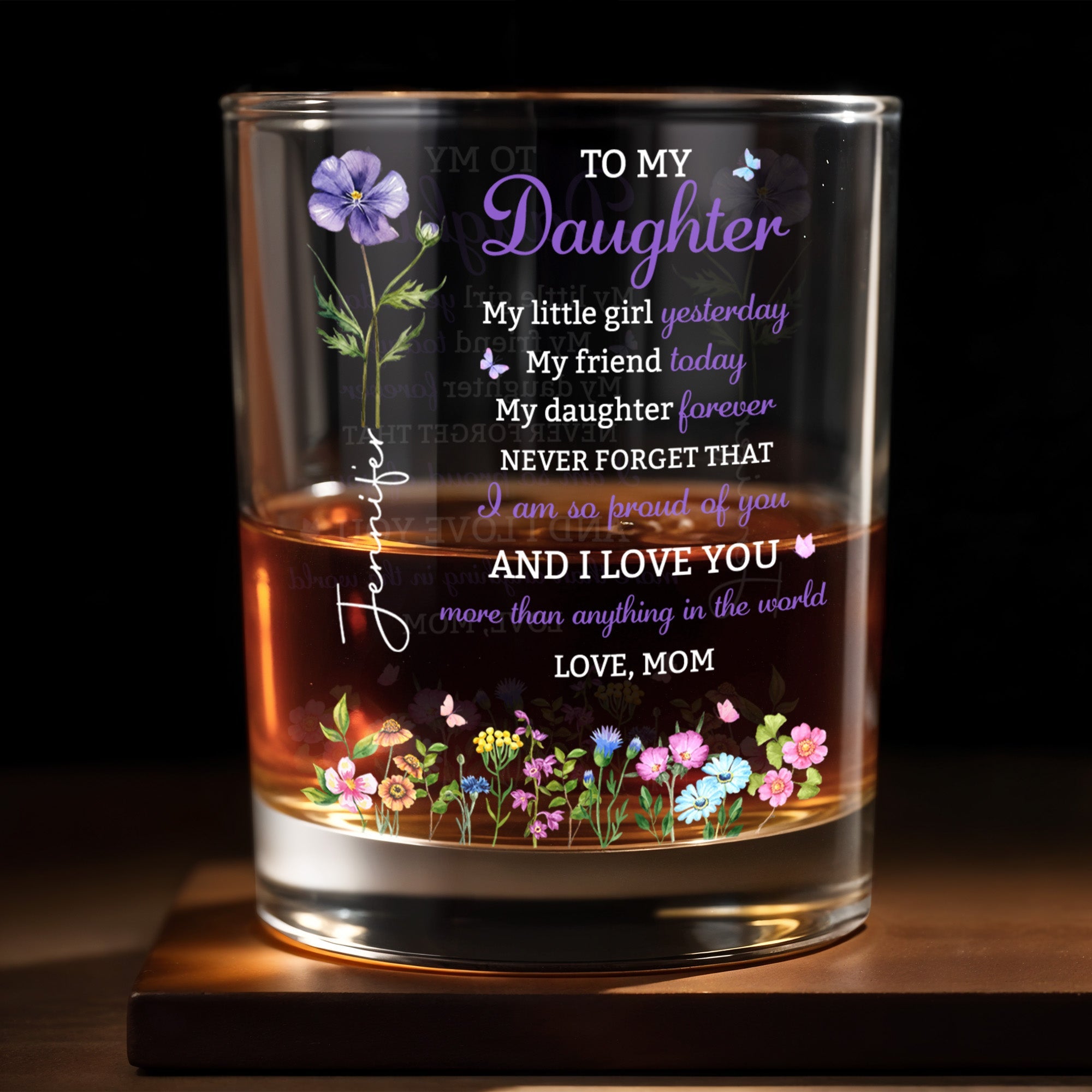 To My Daughter My Little Girl Flower And Butterflies - Personalized Custom Whiskey Glass - DAU505_RWG