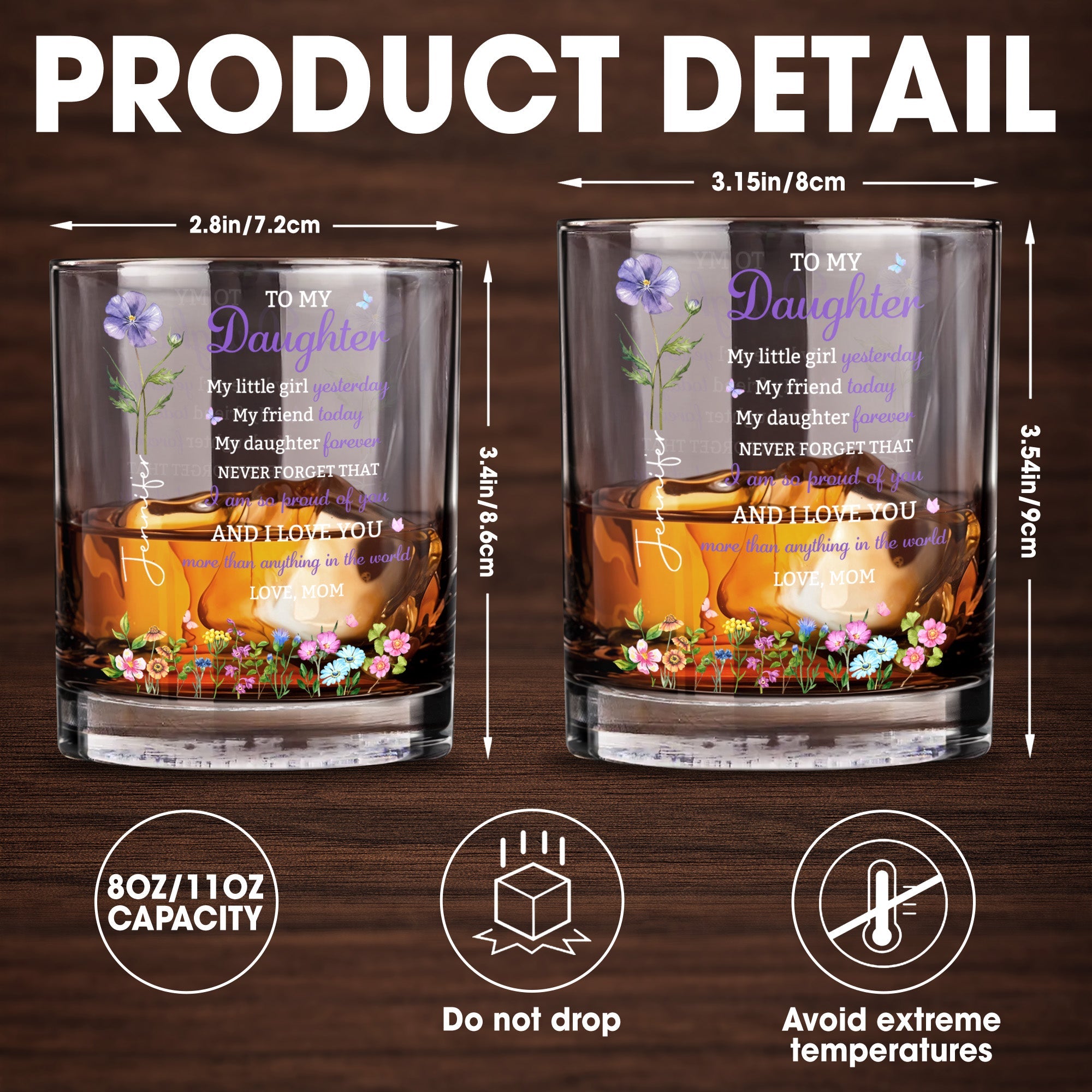 To My Daughter My Little Girl Flower And Butterflies - Personalized Custom Whiskey Glass - DAU505_RWG