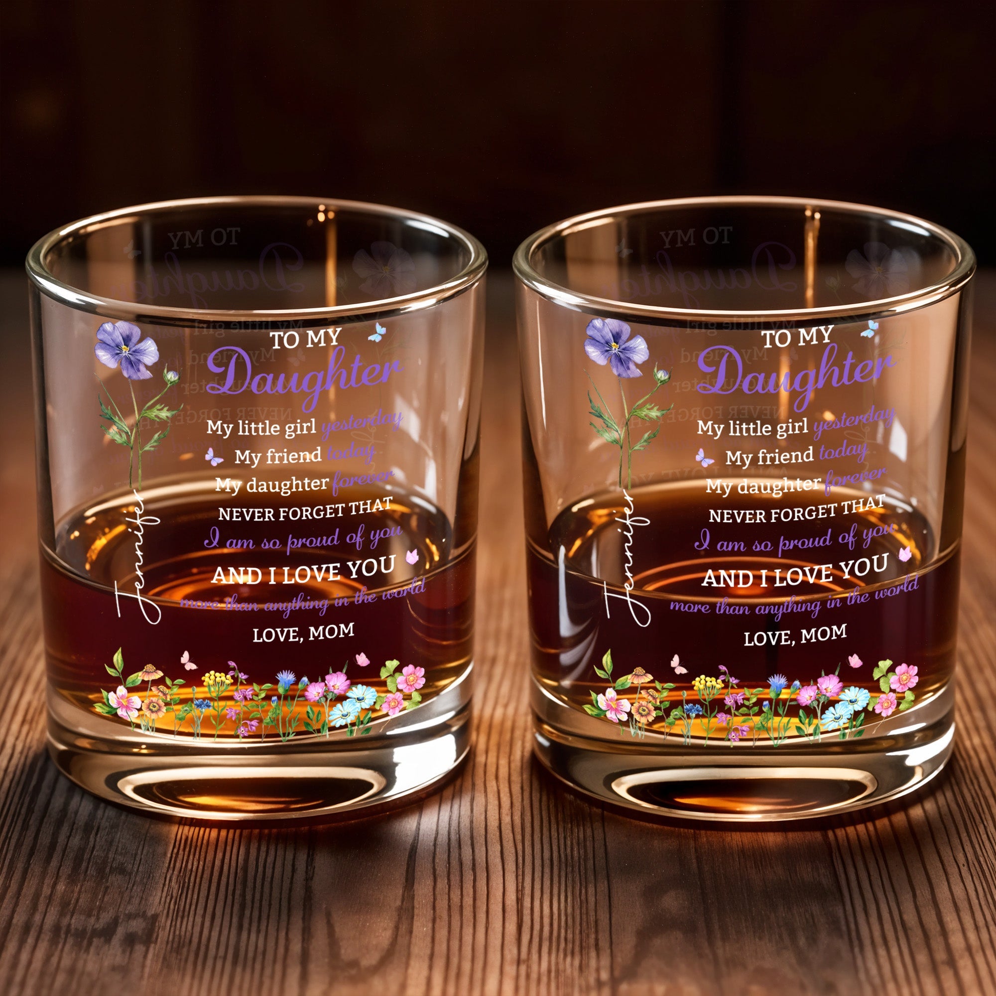 To My Daughter My Little Girl Flower And Butterflies - Personalized Custom Whiskey Glass - DAU505_RWG