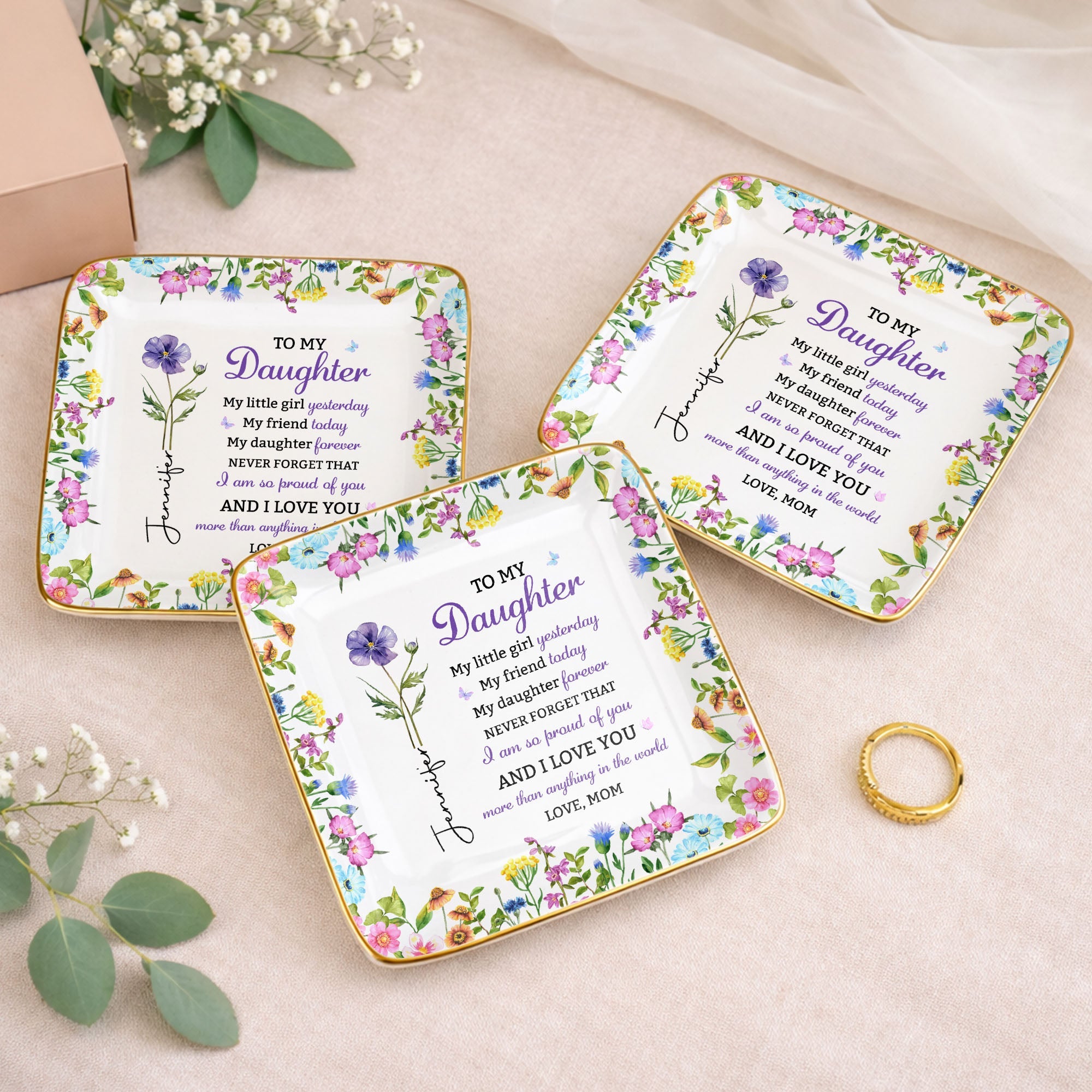 To My Daughter My Little Girl Yesterday Floral Birth Month Flower - Personalized Custom Jewelry Dish, Ceramic Dish, Square Shape - DAU505_SCRF