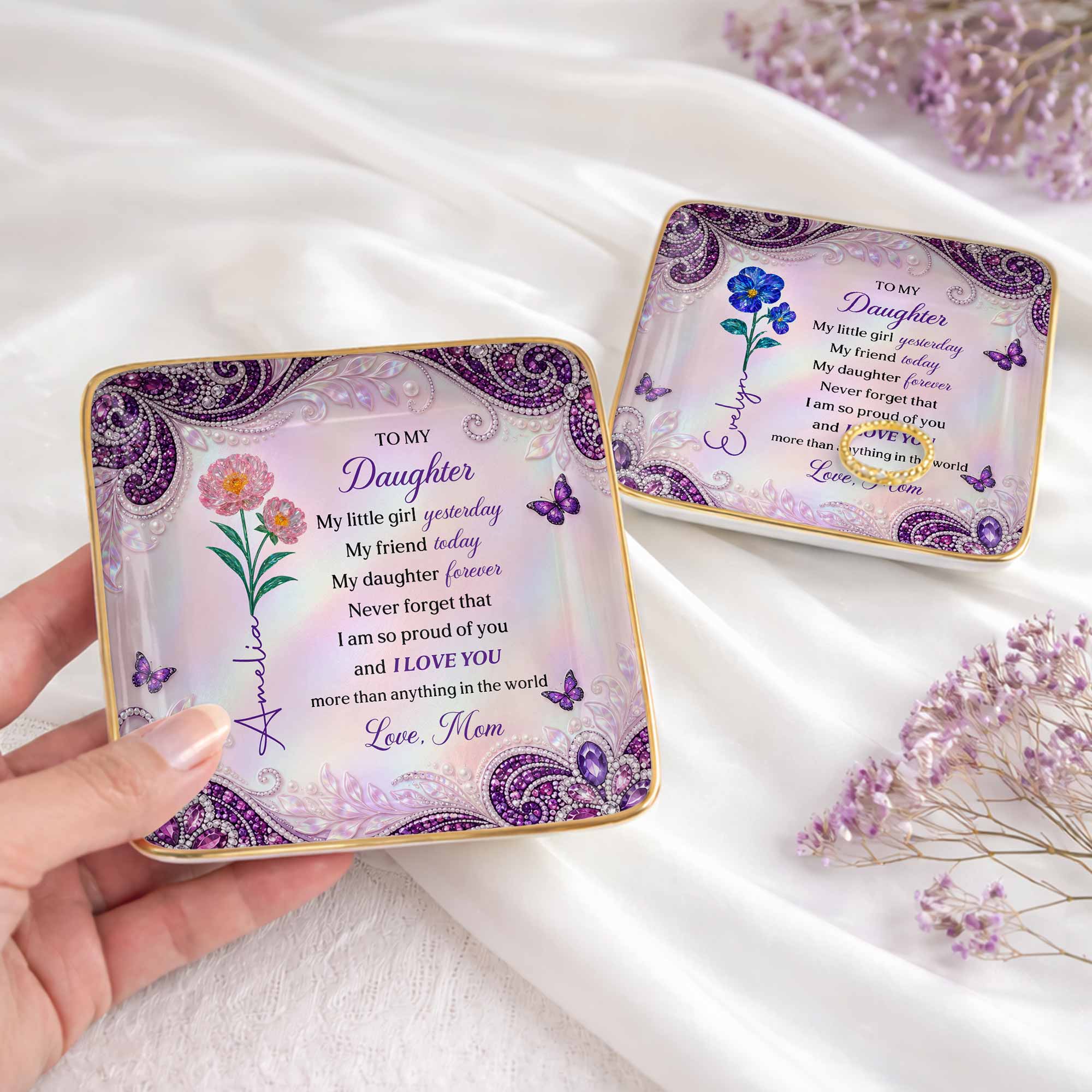To My Daughter My Little Girl Flower And Butterfly Jewelry Tray - Personalized Custom Jewelry Dish, Ceramic Dish, Square Shape - DAU514_SCRF