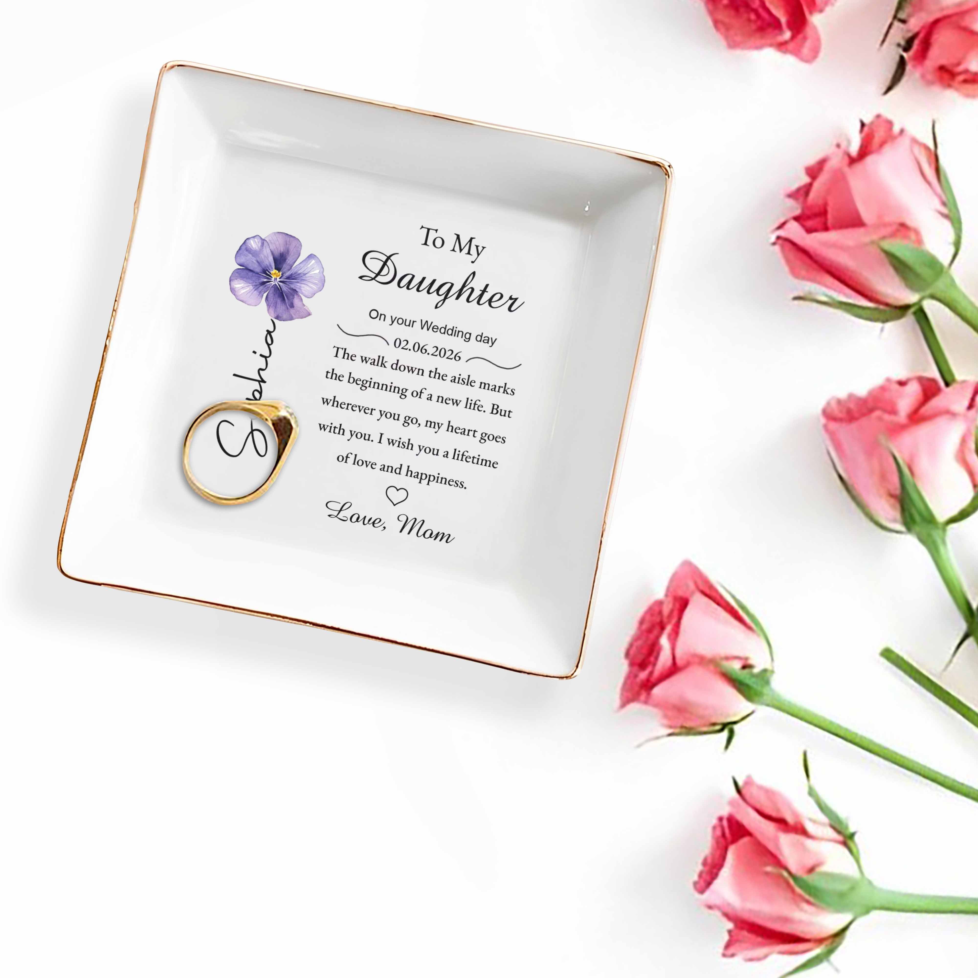 To My Daughter On Your Wedding Day Purple Flower Ceramic - Personalized Custom Jewelry Dish, Square Ceramic Dish - DAU518_SCRD