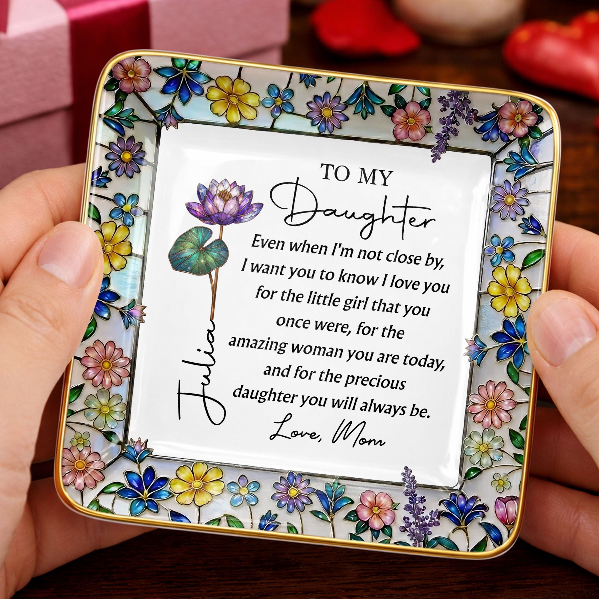 To My Daughter Even When I Am Not Close Birth Month Flowers - Personalized Custom Jewelry Dish, Ceramic Dish, Square Shape - DAU520_SCRF