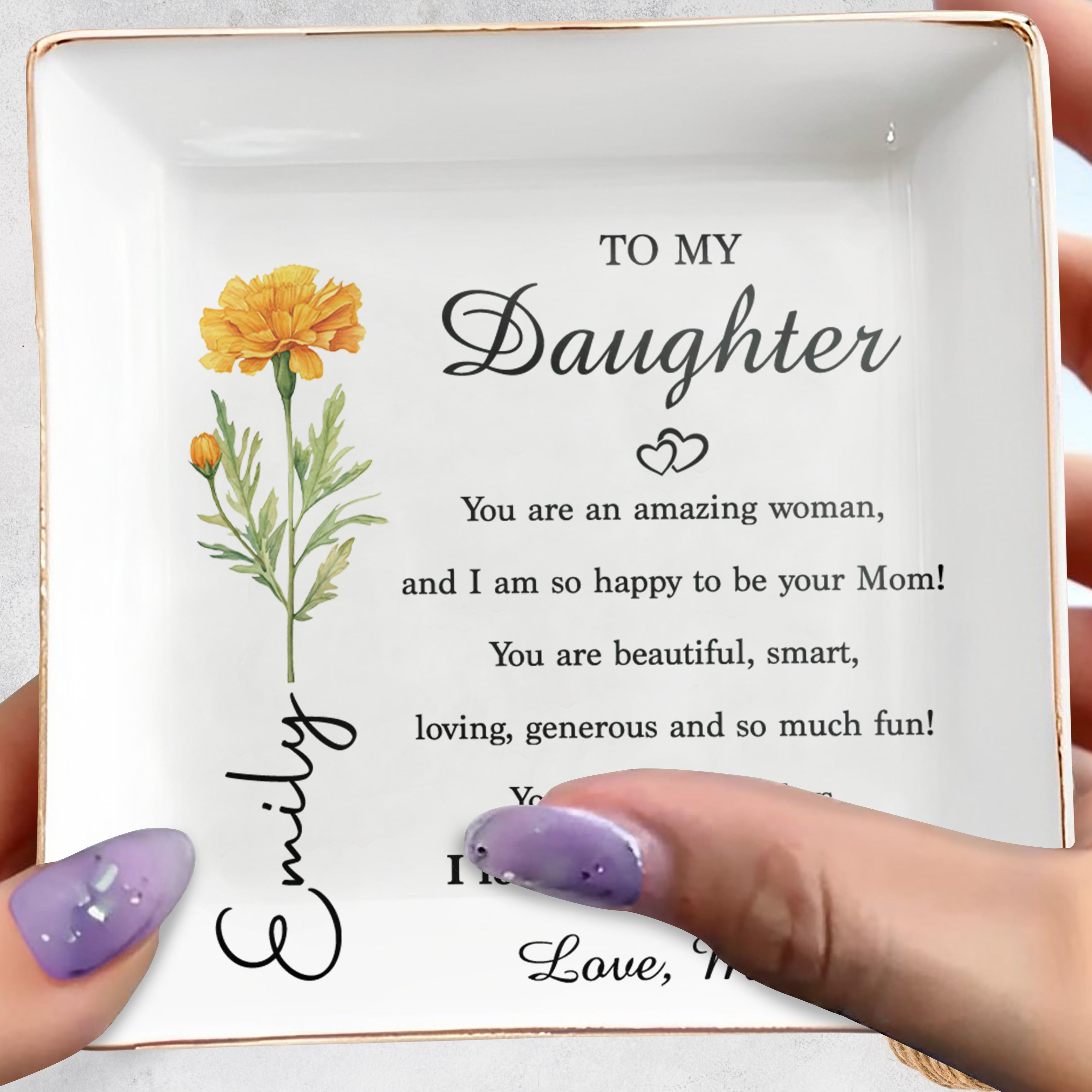 To My Daughter You Are An Amazing Woman Birth Month Flower - Personalized Custom Jewelry Dish, Square Ceramic Dish - DAU525_SCRD