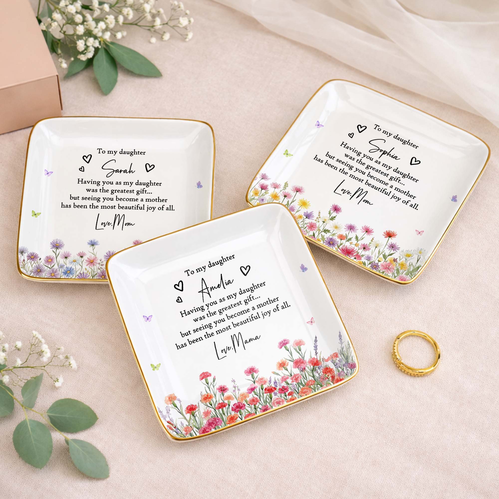 To My Daughter Greatest Gift And Most Beautiful Joy With Flowers - Personalized Custom Jewelry Dish, Ceramic Dish, Square Shape - DAU529_SCRF