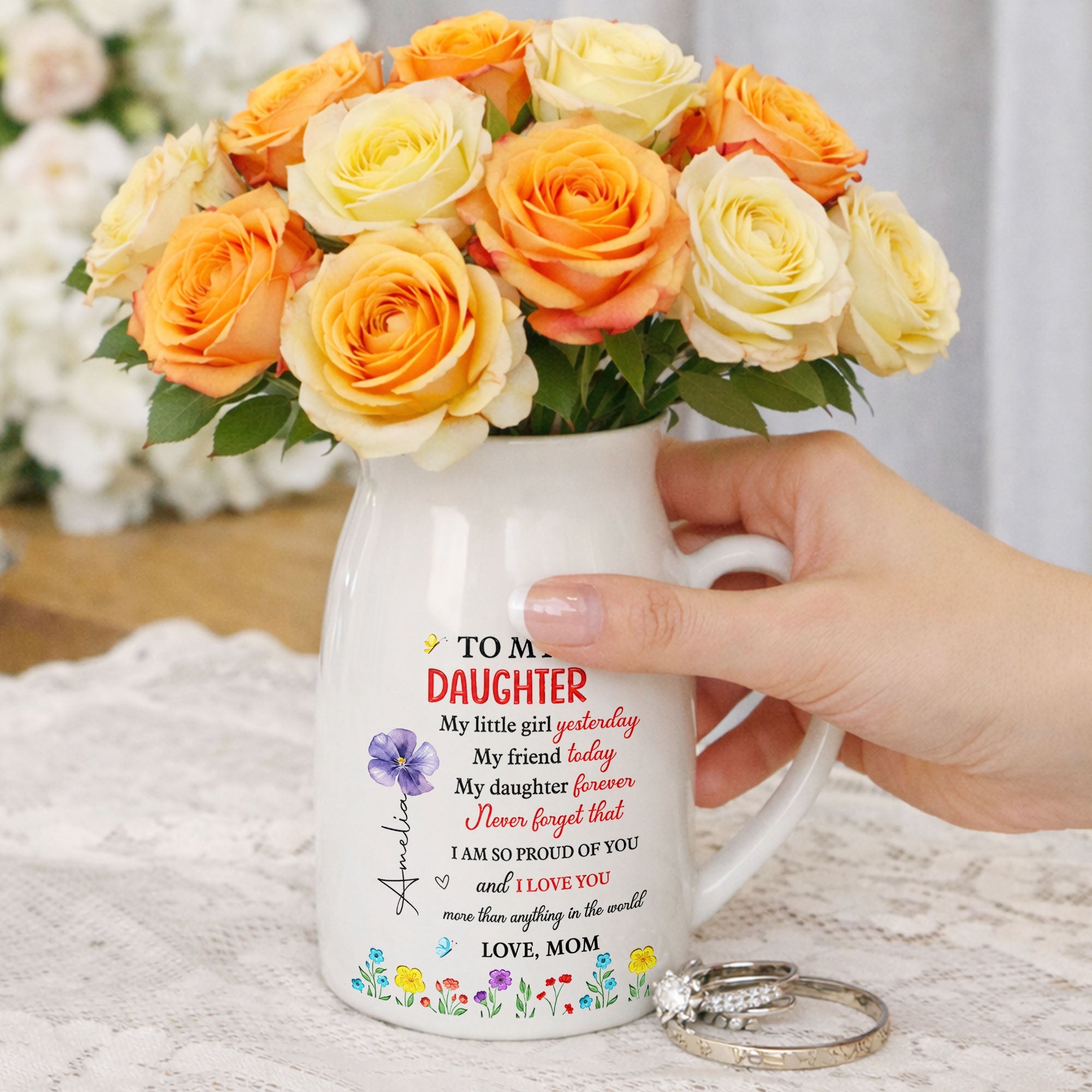 To My Daughter My Little Girl Yesterday Birth Month Flowers - Personalized Ceramic Flower Vase