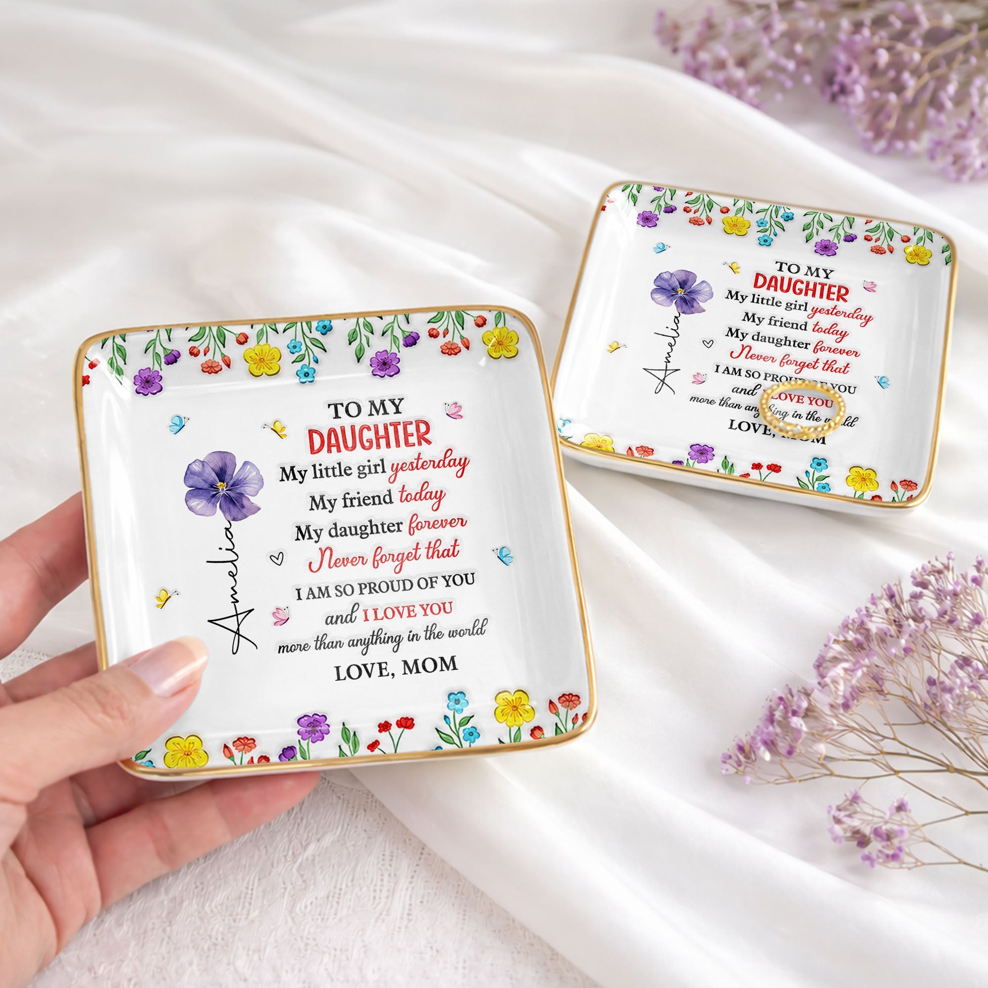 To My Daughter My Little Girl Yesterday Floral Butterflies Personalized Design - Personalized Custom Jewelry Dish, Ceramic Dish, Square Shape - DAU532_SCRF