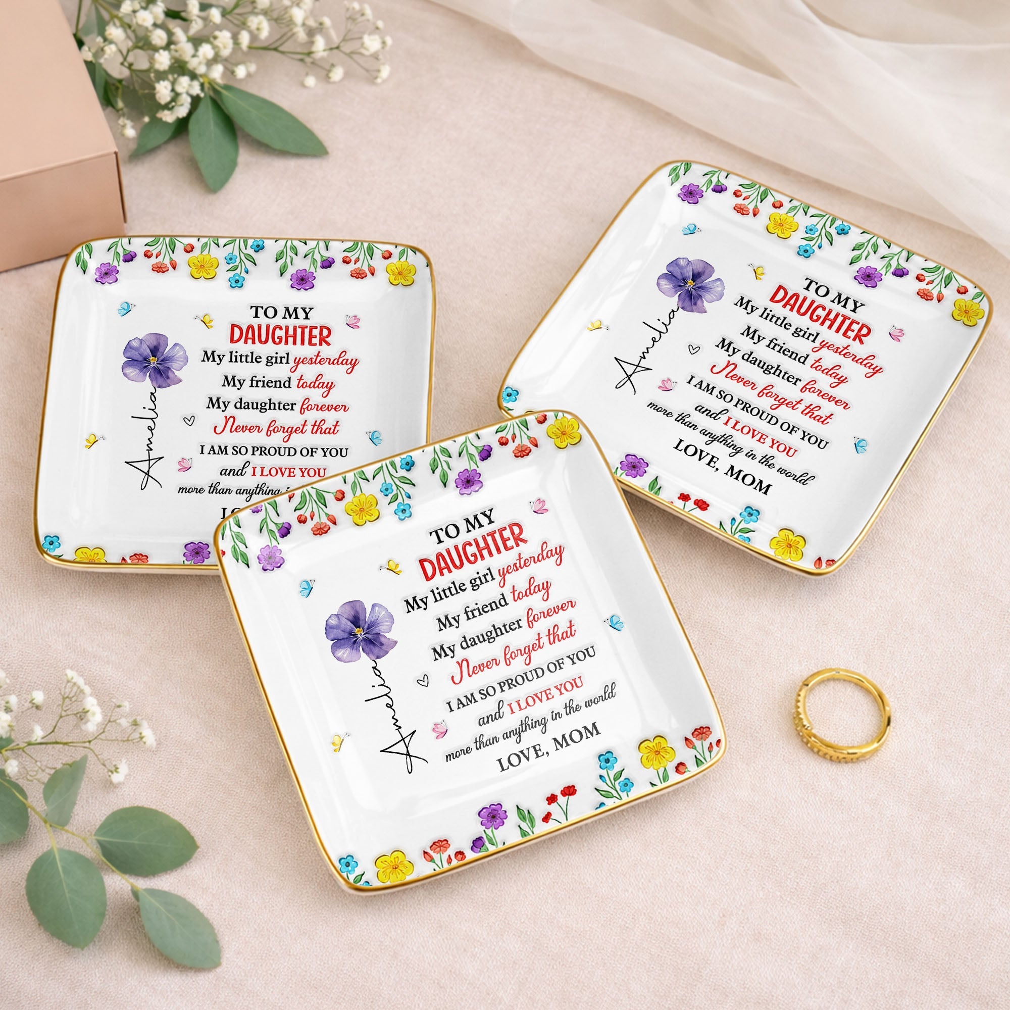 To My Daughter My Little Girl Yesterday Floral Butterflies Personalized Design - Personalized Custom Jewelry Dish, Ceramic Dish, Square Shape - DAU532_SCRF