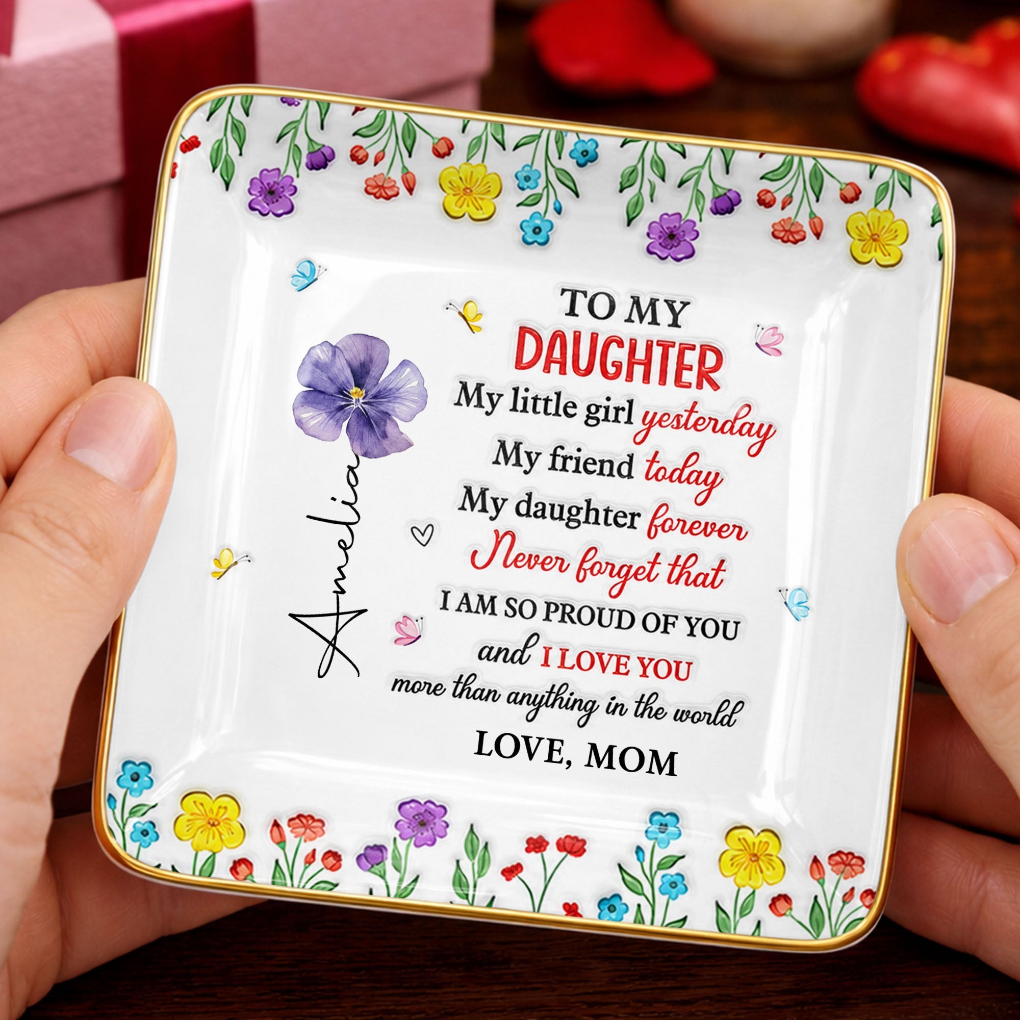 To My Daughter My Little Girl Yesterday Floral Butterflies Personalized Design - Personalized Custom Jewelry Dish, Ceramic Dish, Square Shape - DAU532_SCRF