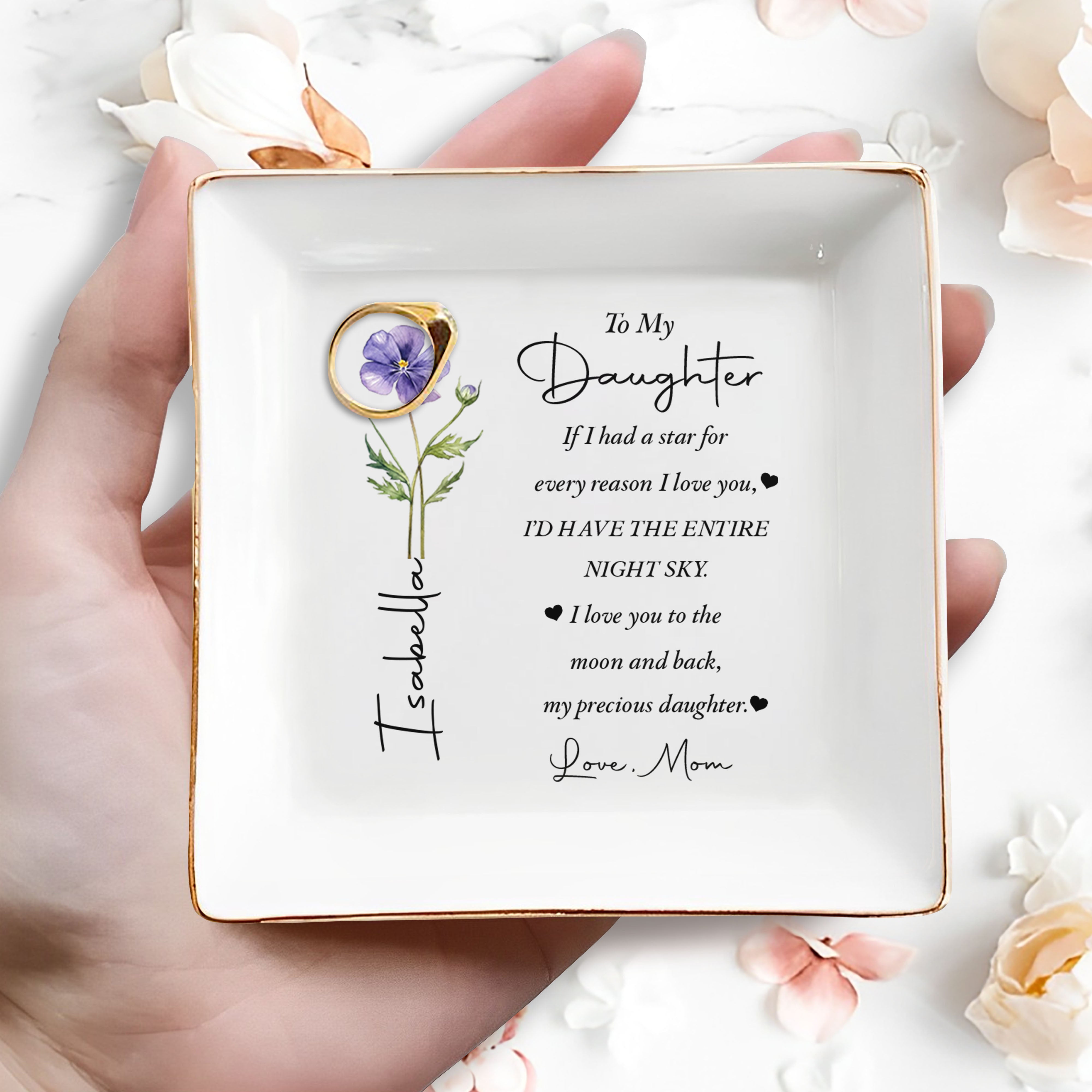 To My Daughter Entire Night Sky Flower Ceramic Dish - Personalized Custom Jewelry Dish, Square Ceramic Dish - DAU538_SCRD