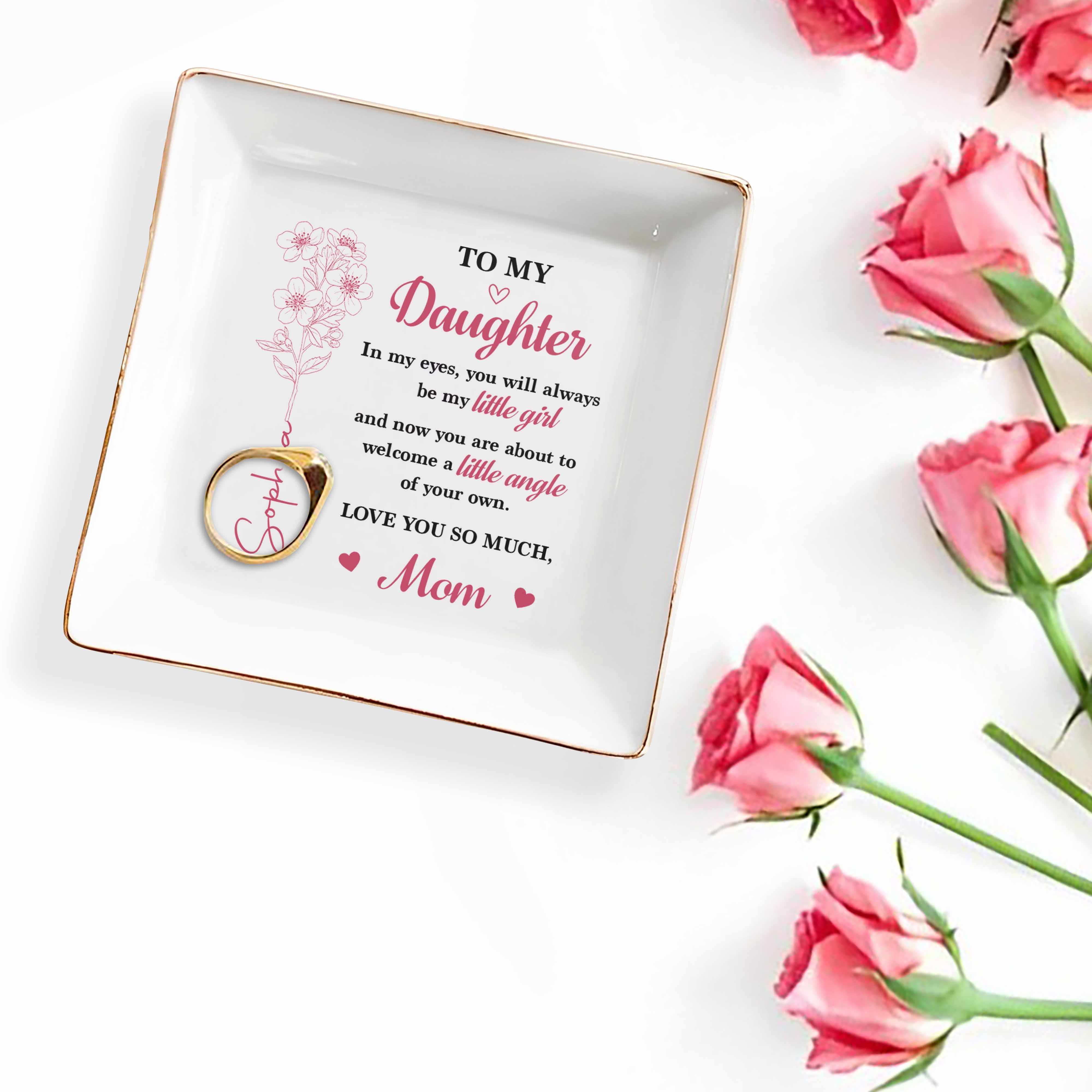 To My Daughter Always My Little Girl Birth Month Flower - Personalized Custom Jewelry Dish, Square Ceramic Dish - DAU539_SCRD