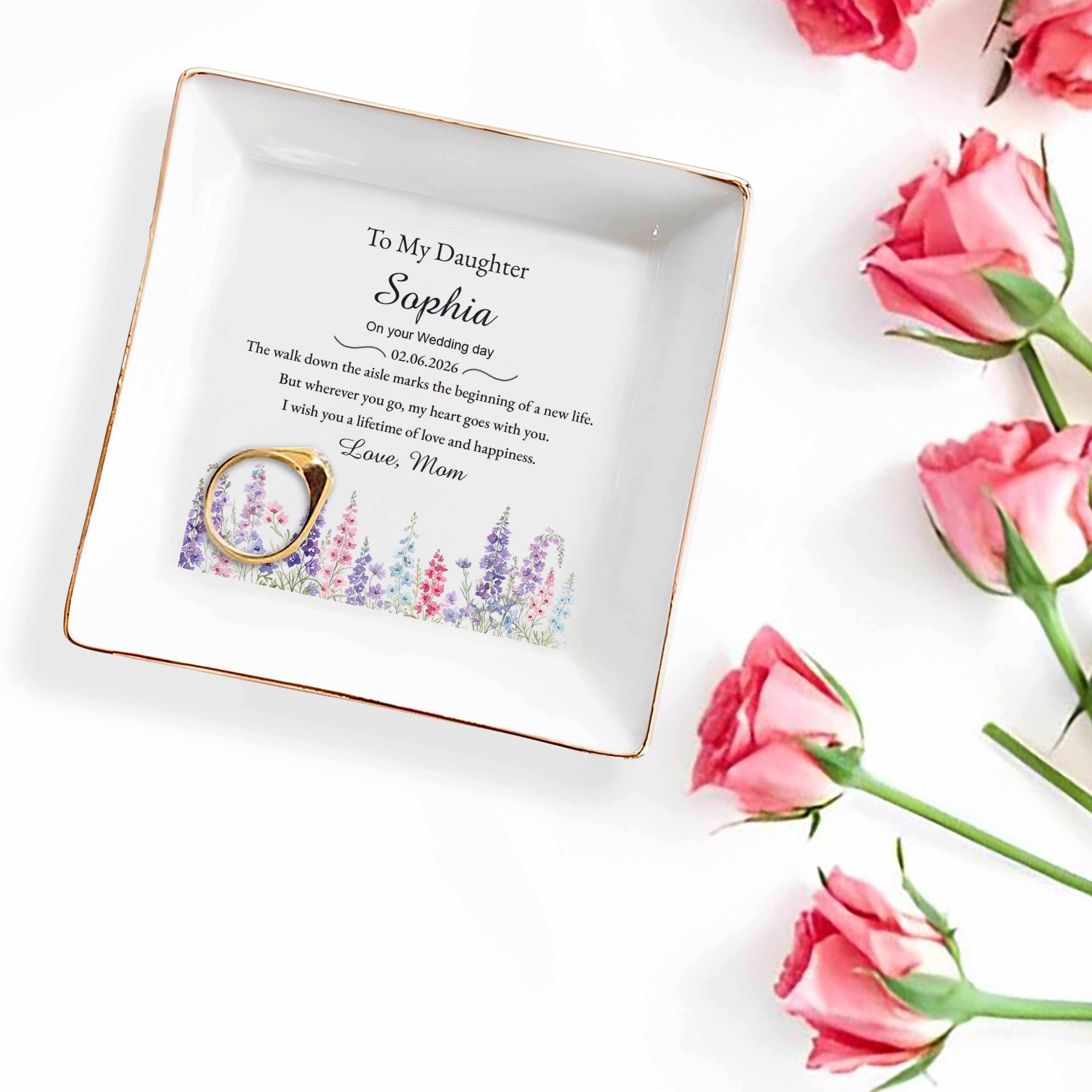 To My Daughter On Your Wedding Day With Birth Month Flowers - Personalized Custom Jewelry Dish, Square Ceramic Dish - DAU540_SCRD