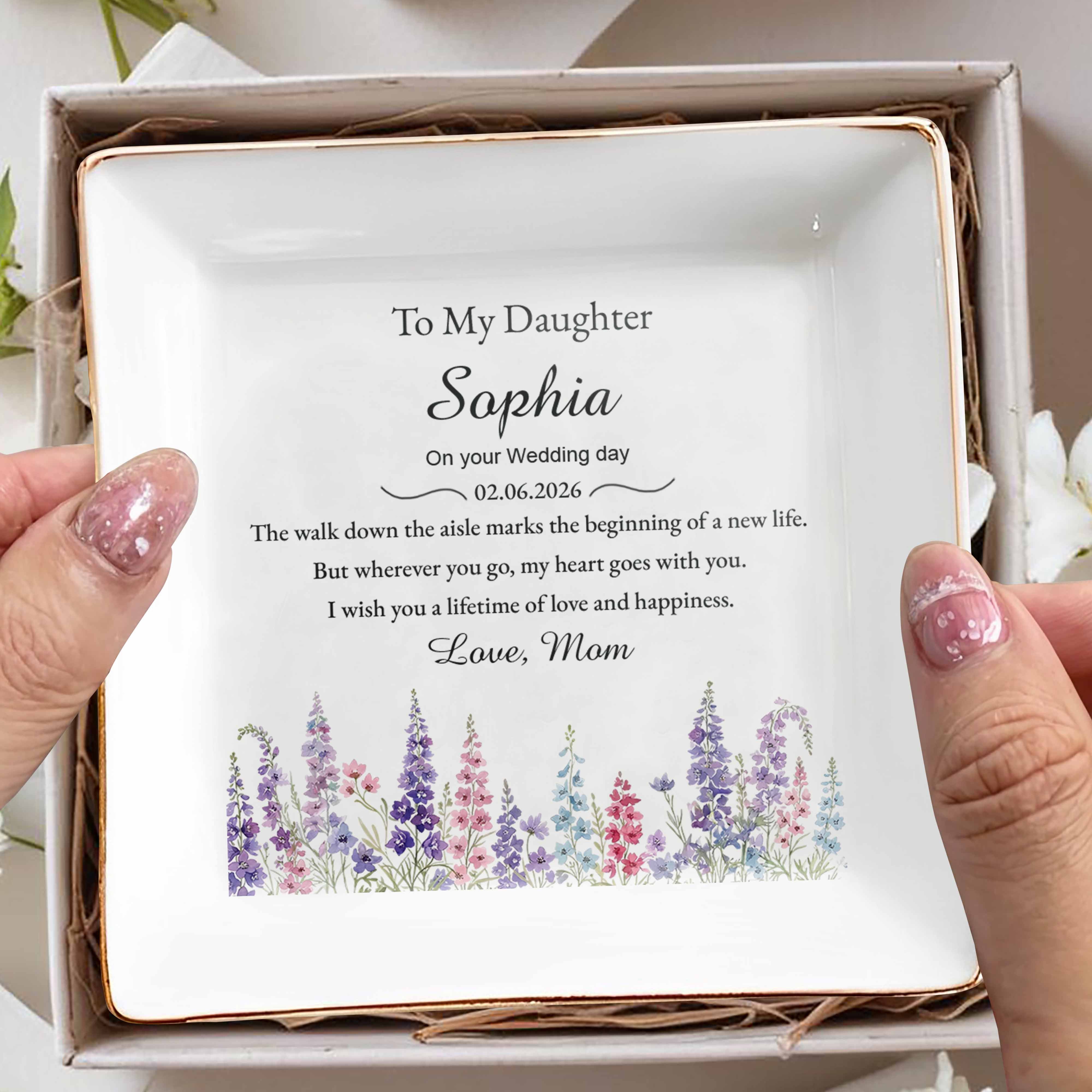 To My Daughter On Your Wedding Day With Birth Month Flowers - Personalized Custom Jewelry Dish, Square Ceramic Dish - DAU540_SCRD